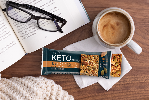 Ratio KETO Friendly Crunchy Bar and coffee.