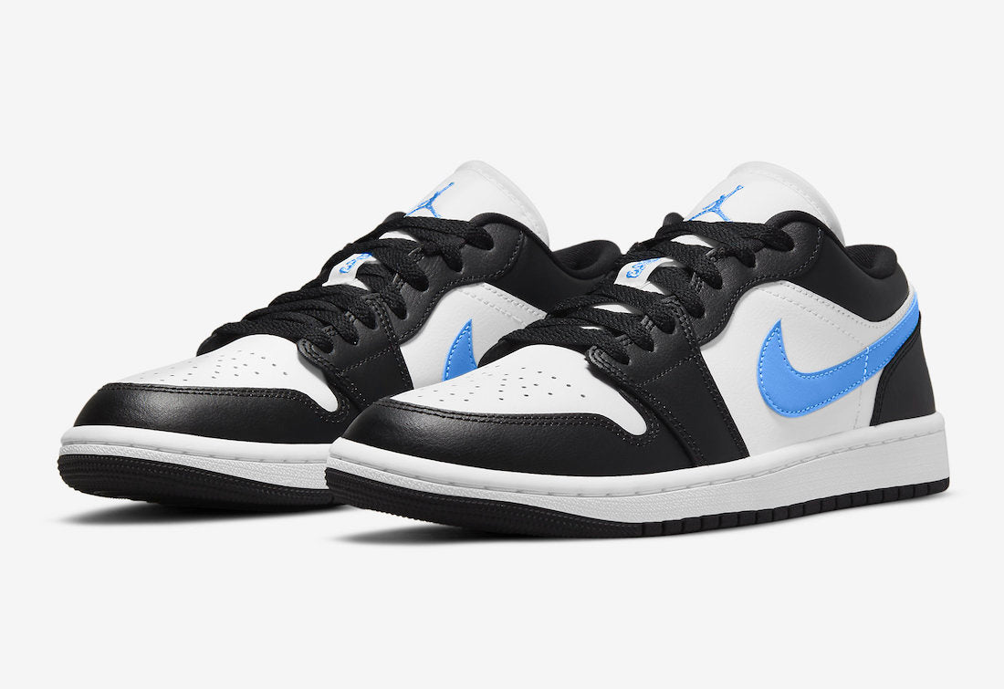 black and white jordans with blue tick