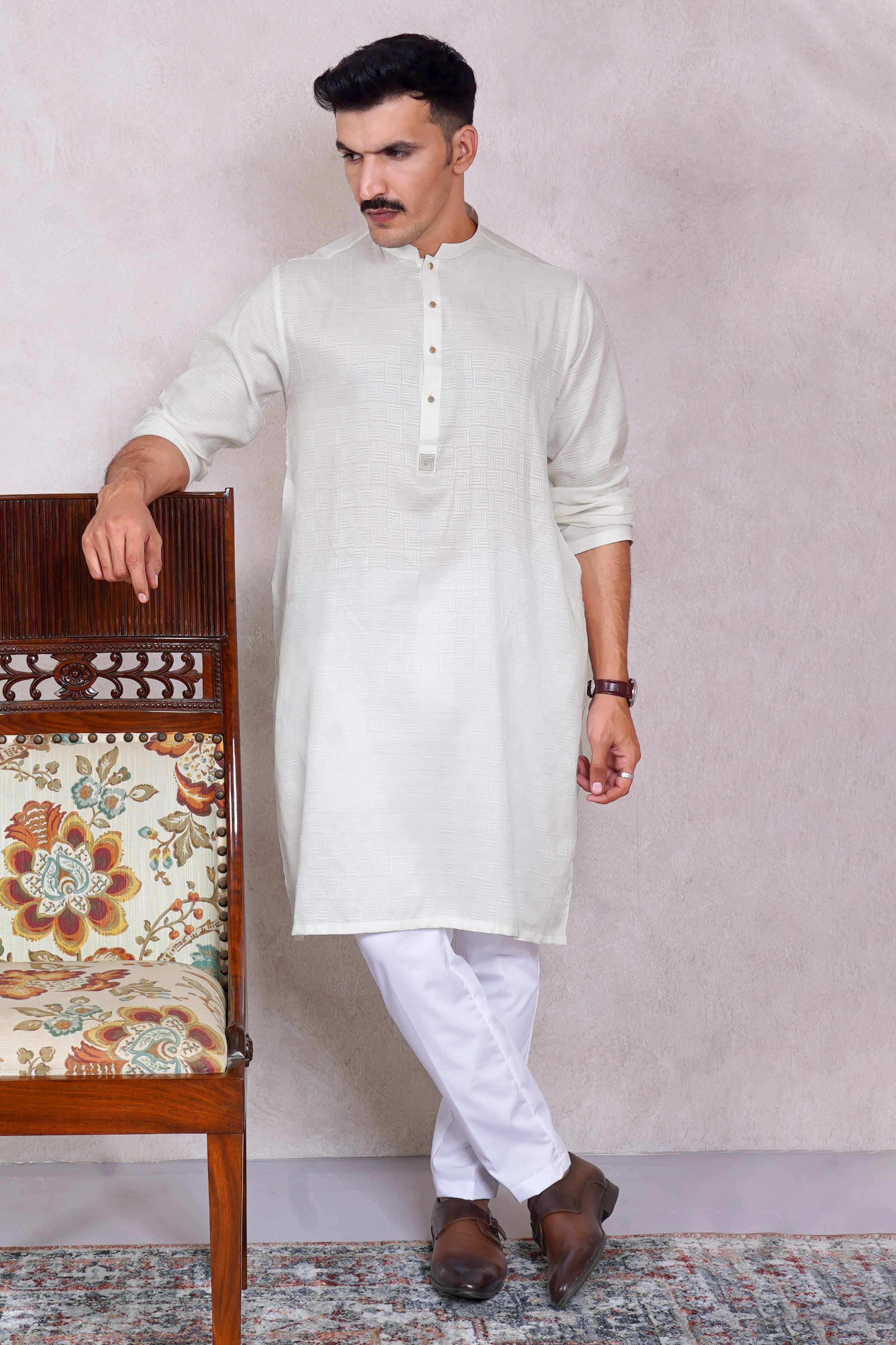 Men's Navy Blue Cotton Kurta With White Pant Set - Absolutely Desi