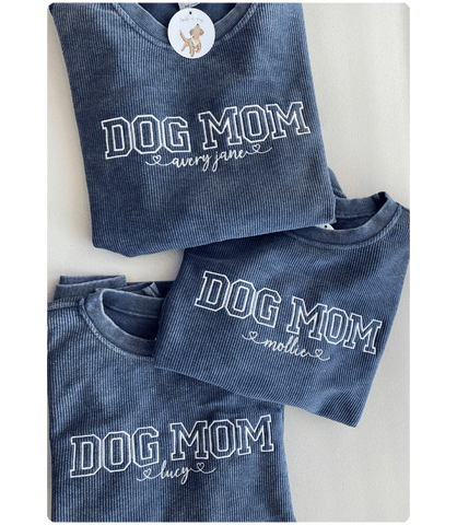 Navy Dog Mom w/ Dog Names Embroidered Corded Crew