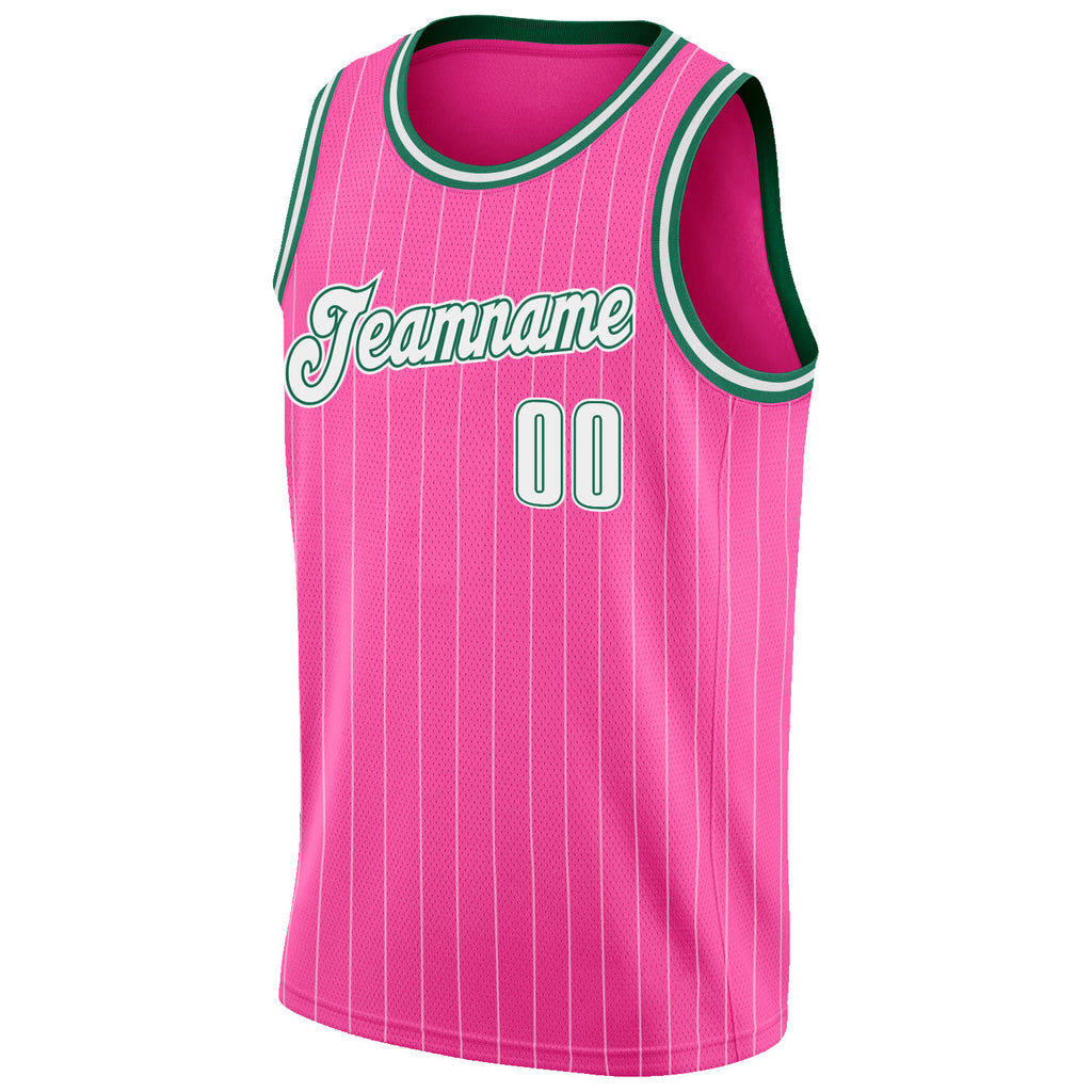 Custom Pink White Pinstripe White-Kelly Green Authentic Throwback Basketball Jersey