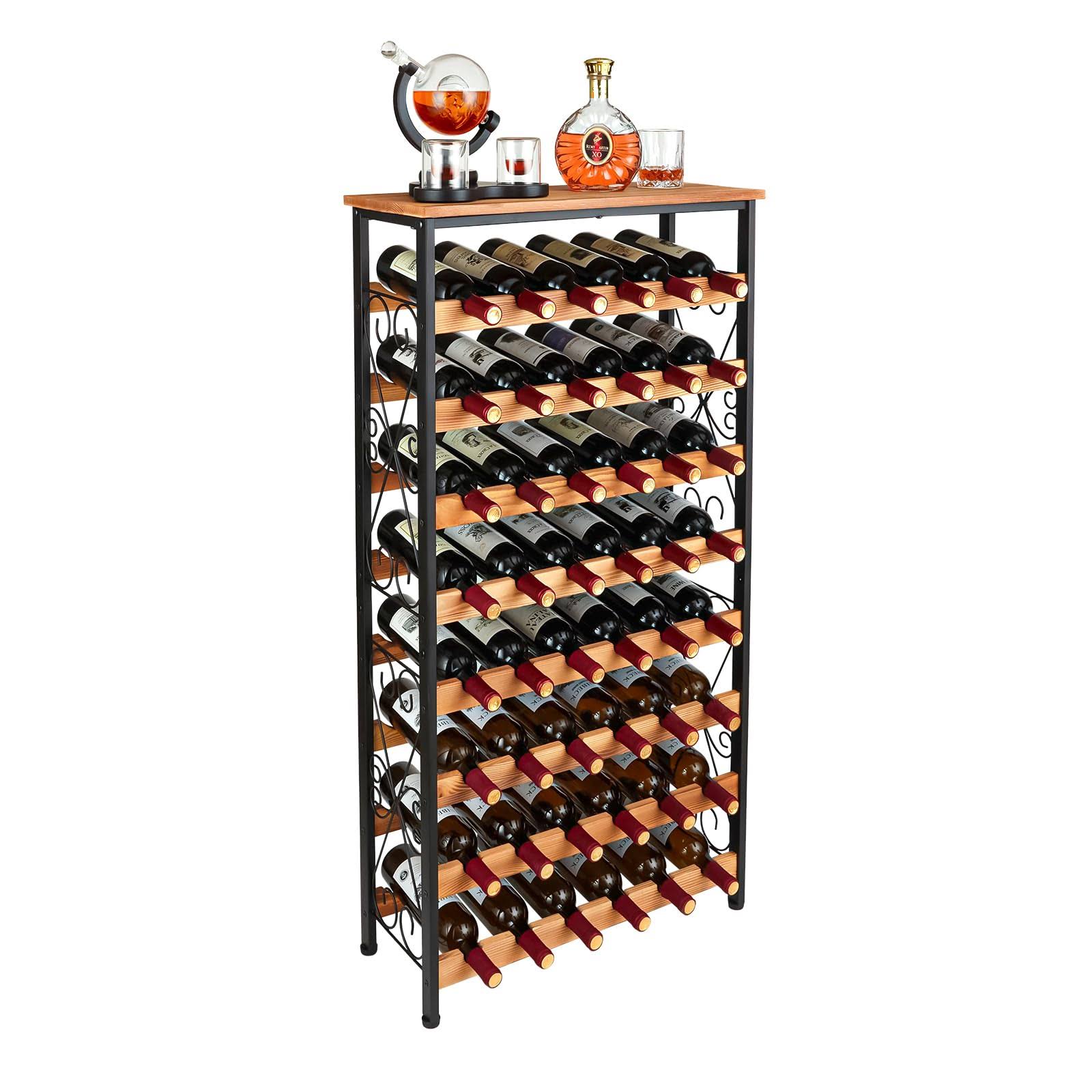 48 Bottles Floor Wine Rack with Wood Top, Freestanding Wine Bottle Organizer Shelf, Wobble-Free 8 Tier Wine Display Storage Stand for Kitchen Pantry