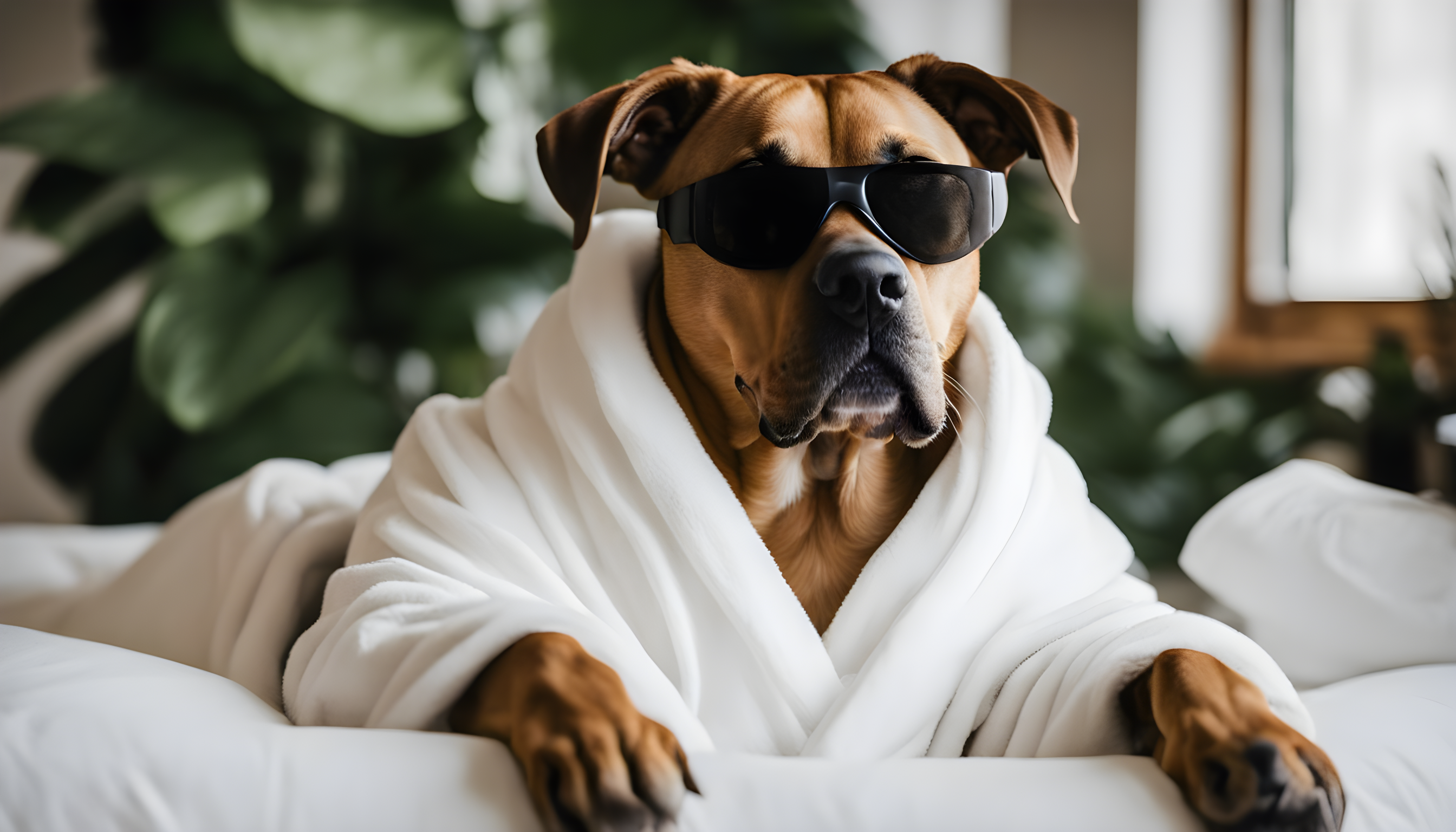 Relaxed Boxador (Boxer Lab Mix) enjoying a spa day, complete with a mud mask, cucumber slices over its eyes, and a fluffy white robe.