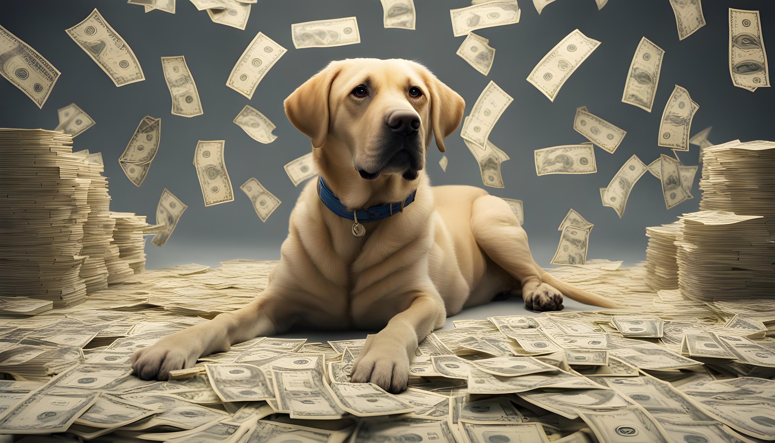 A Brindle Labrador surrounded by price tags and dollar signs, satirizing the notion of its perceived rarity and value.