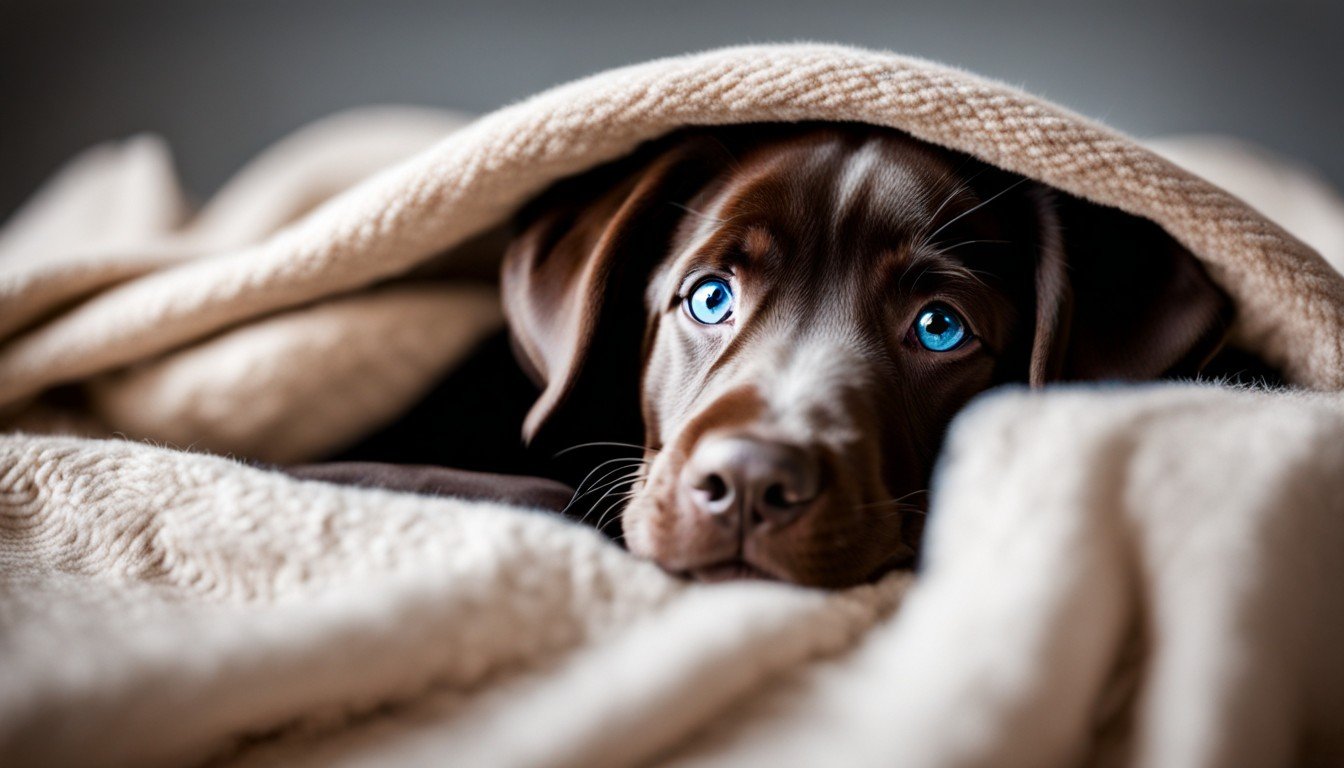 A Chocolate Lab puppy with blue eyes cuddled in a blanket, looking irresistibly cute.