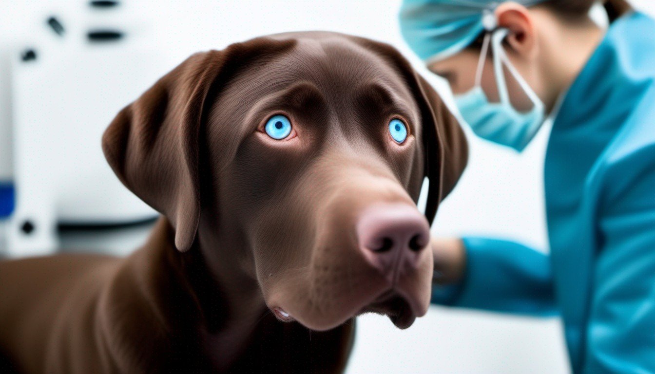 A Chocolate Lab with blue eyes getting a thorough eye examination from a vet.
