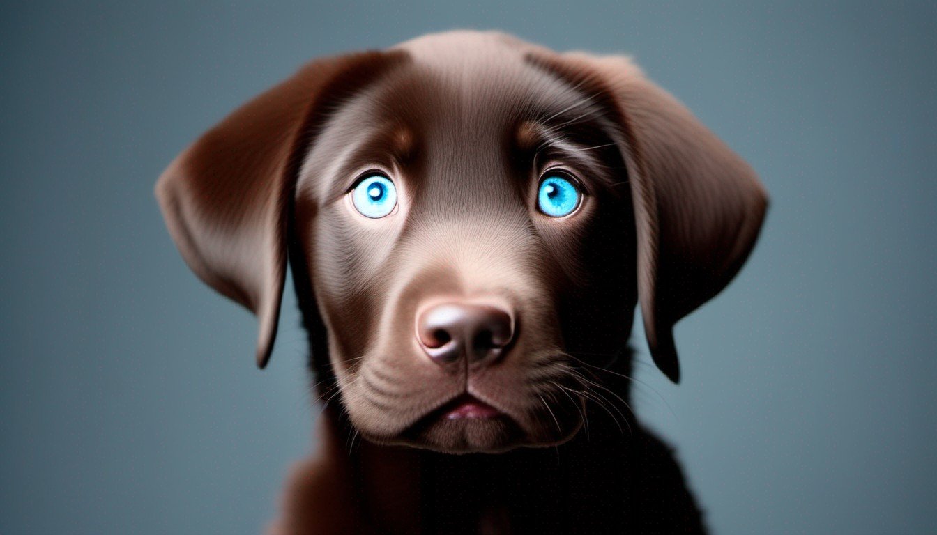 A Chocolate Lab with blue eyes in a 'For Sale' setup, making you ponder the considerations before adoption.