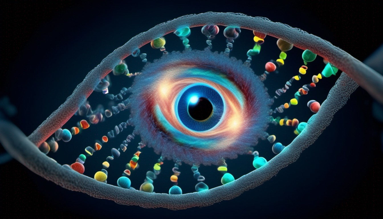 A DNA helix with different eye colors spiraling around it.
