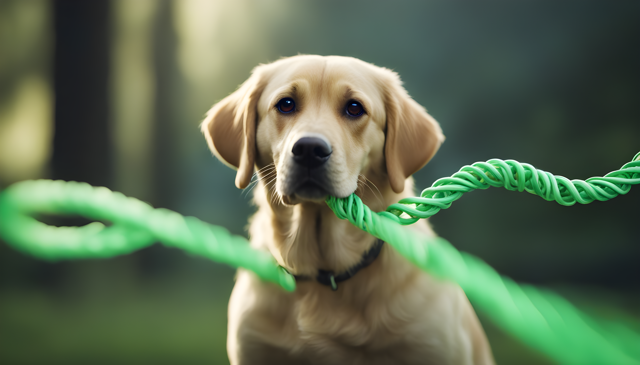 A DNA strand that looks suspiciously like a twisted leash, symbolizing the fun twist of genetics in Green Labs.