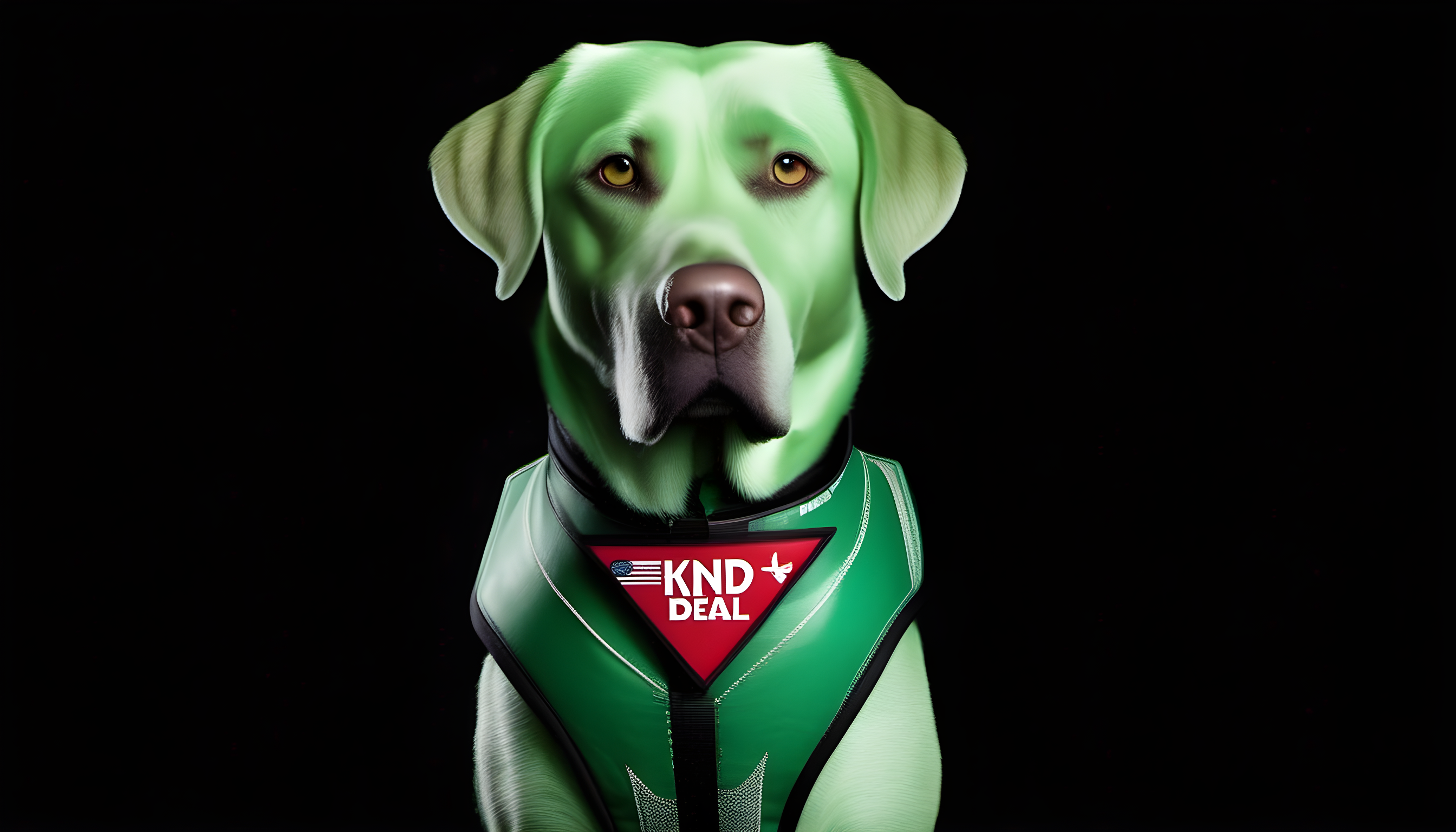 A Green Lab decked out in a snazzy service dog vest, giving the camera a look that says, 'I'm kind of a big deal.'