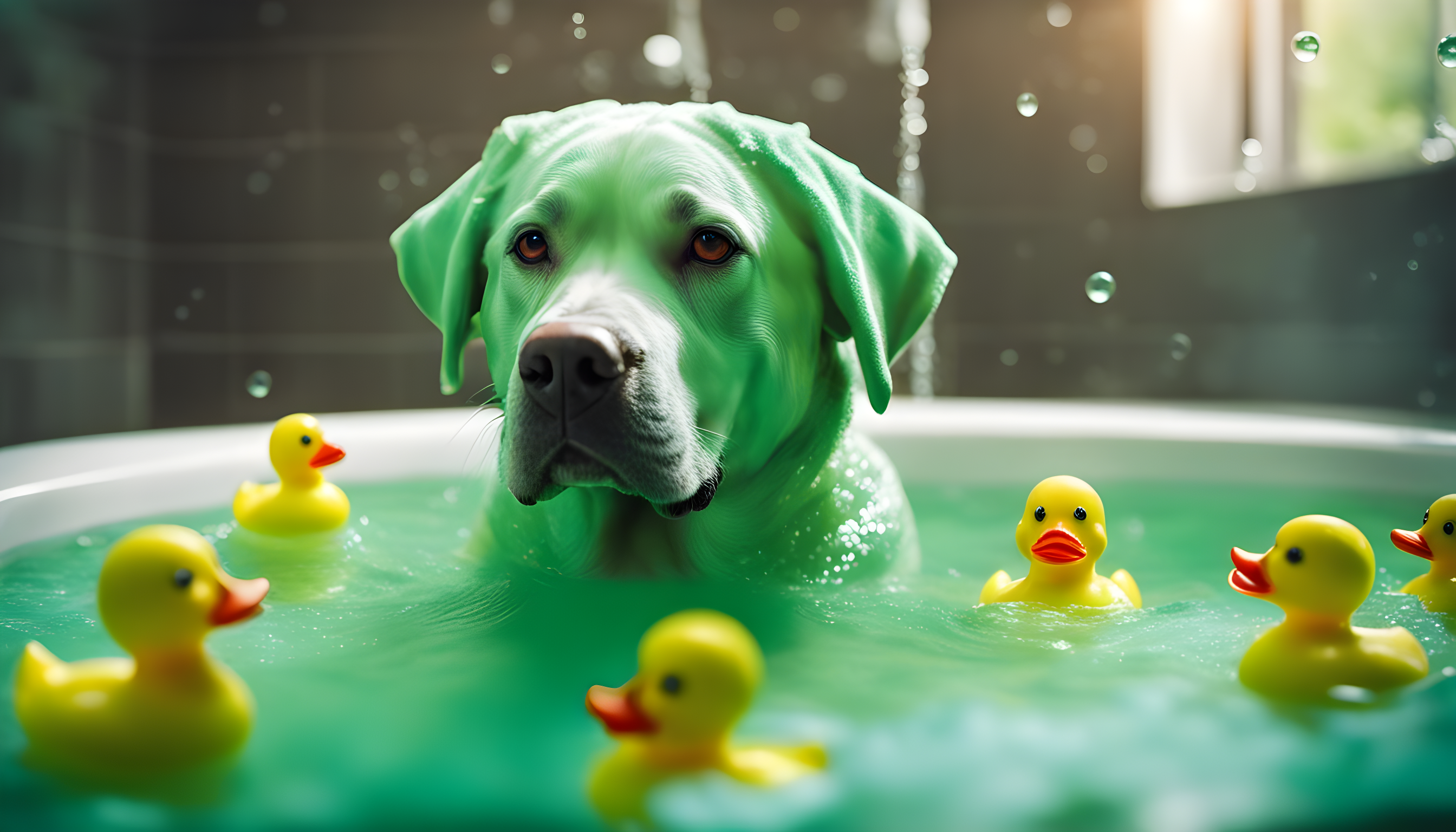 A Green Lab enjoying a bubble bath, complete with rubber duckies and a shower cap.