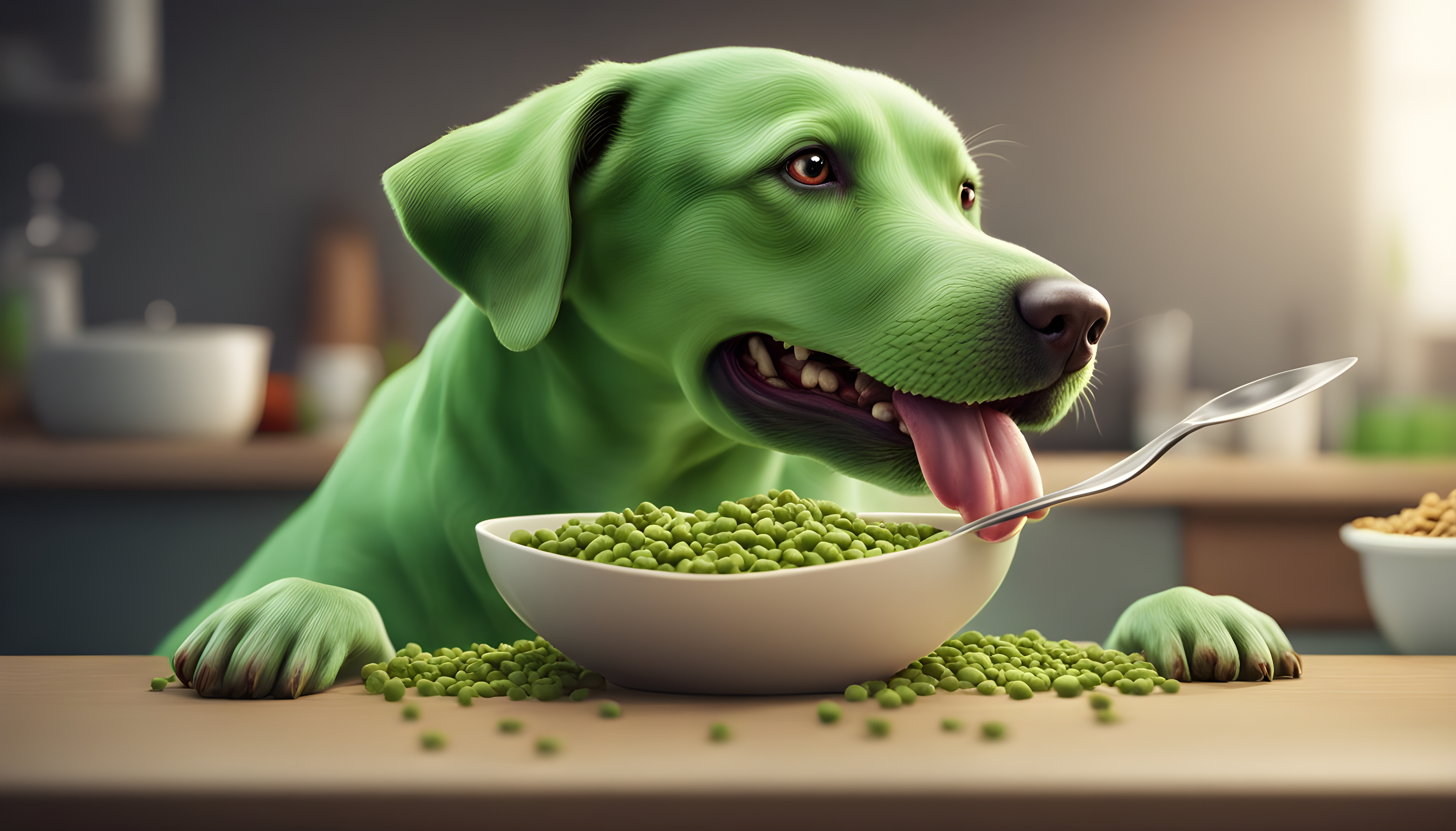 A Green Lab gobbling up a bowl of nutritious dog food, with a caption that reads, 'Yummy for my tummy!'