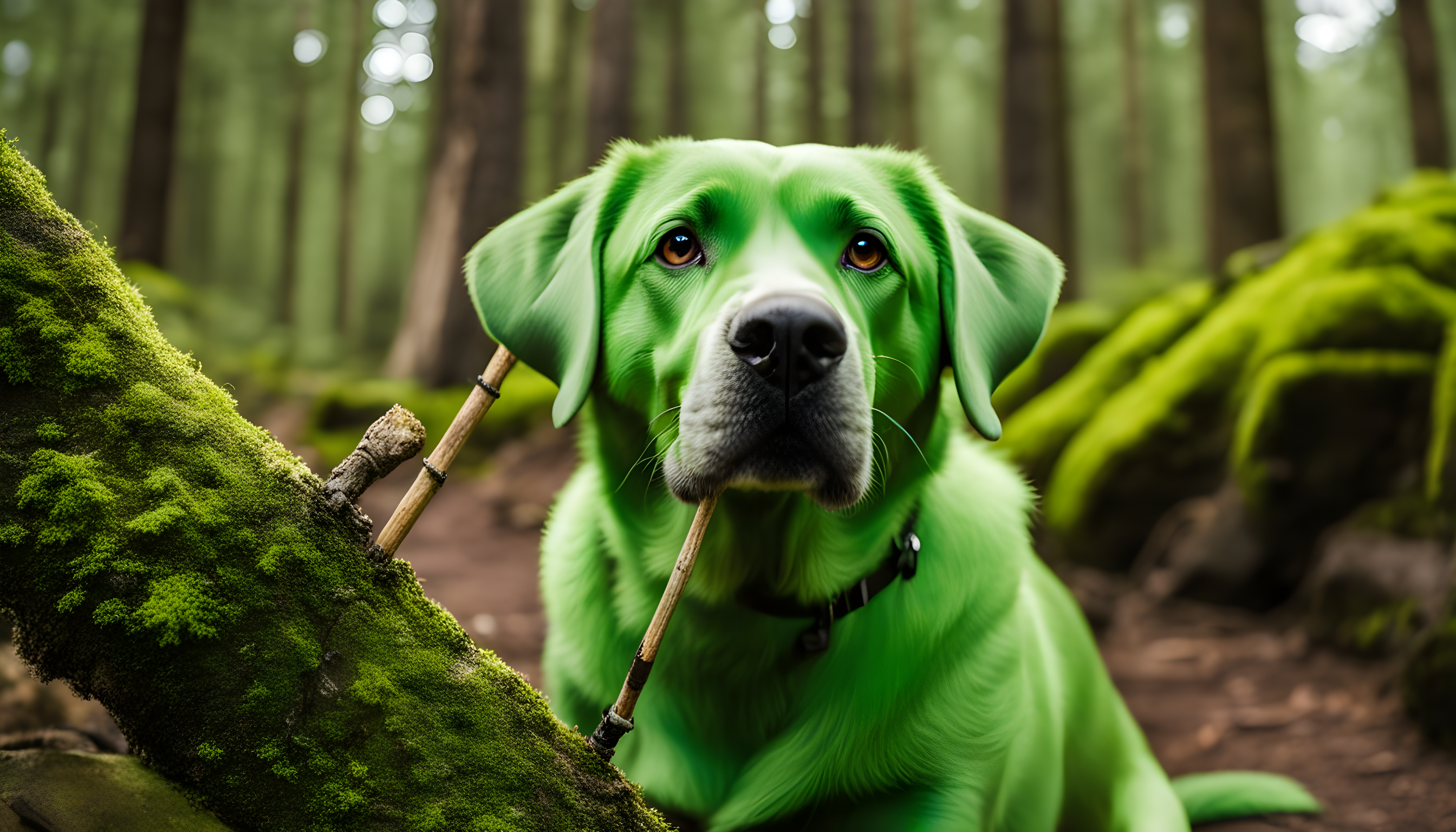 A Green Lab looking hyper-focused, eyes locked onto something—either a very lost hiker or the world's most interesting stick.