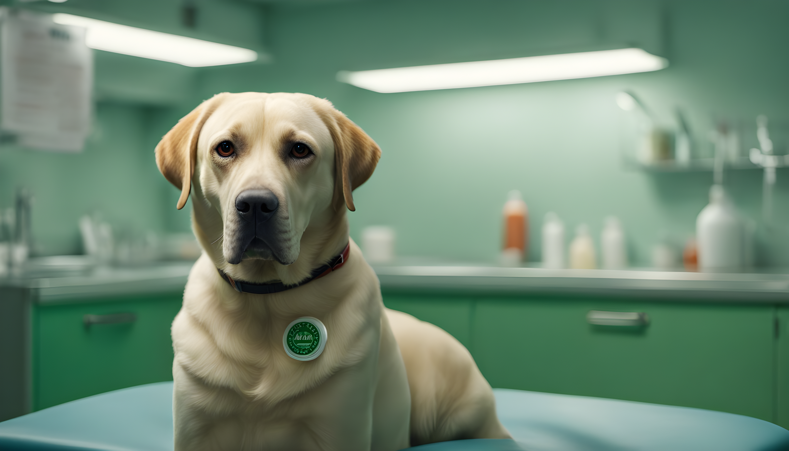 A Green Lab patiently sitting on a vet's examination table, complete with a 'brave patient' sticker