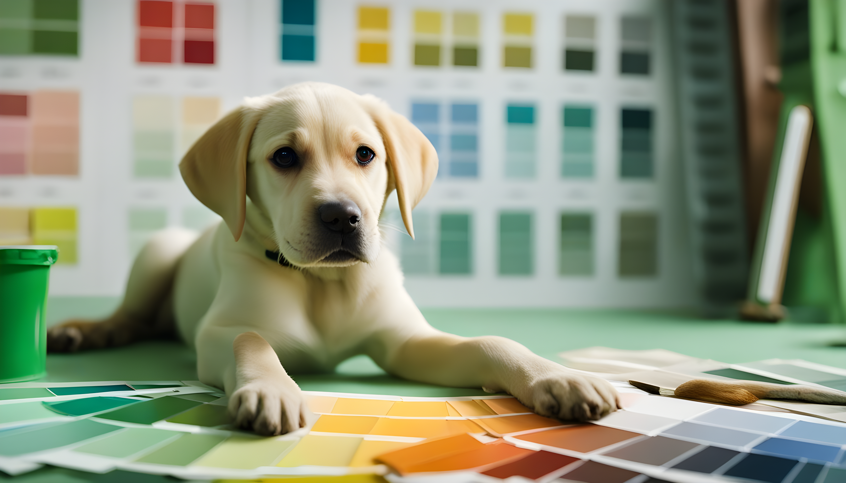 A Green Lab pup chilling next to a set of paint swatches, as if daring you to find a color that's even half as cool.