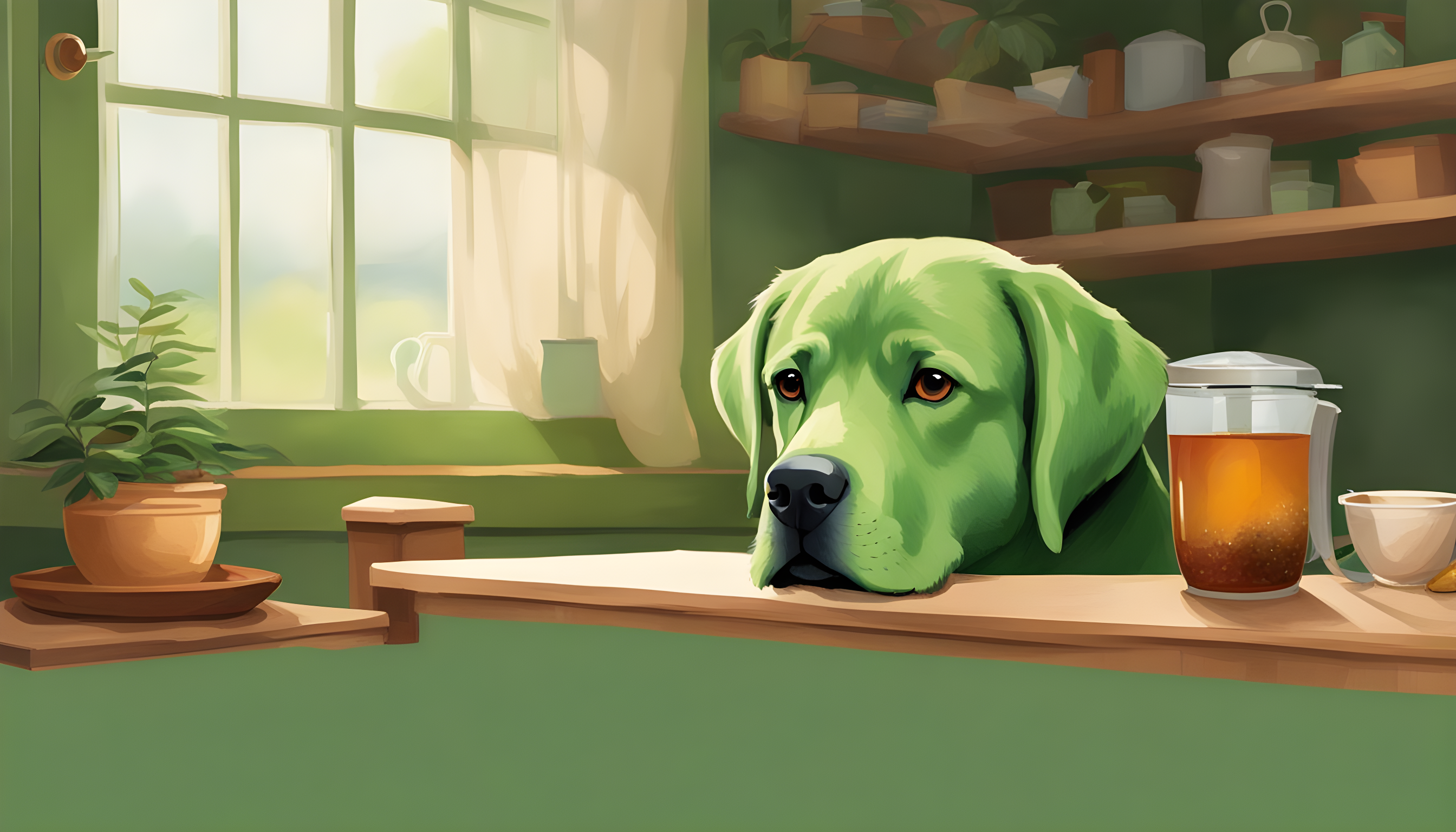 A Green Lab sitting attentively, ears perked, as if waiting for you to spill the tea—or maybe just spill some treats.