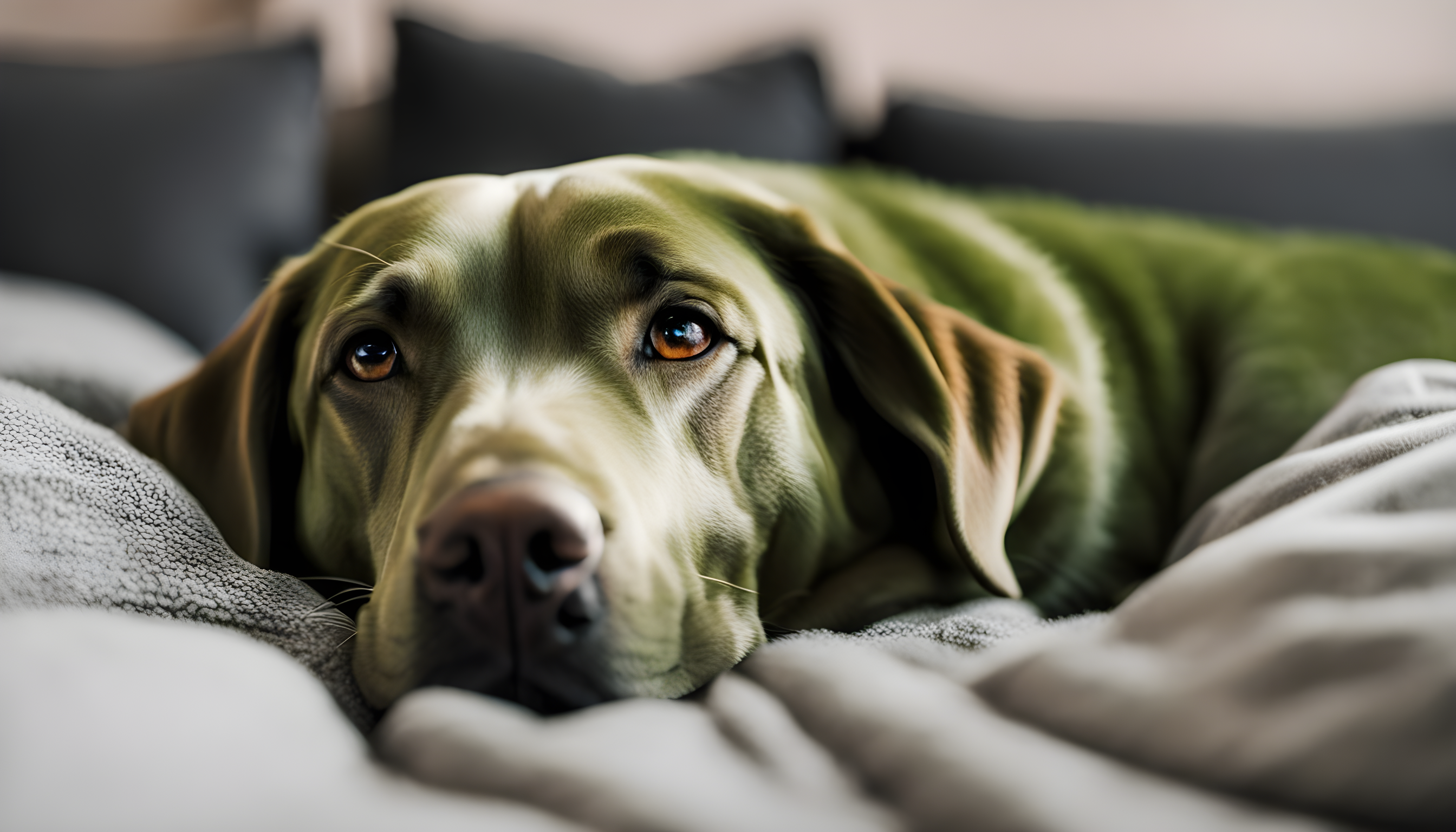A Green Lab cuddled up with the fam on a lazy Sunday, looking so comfy that you wish you could join the snuggle fest.