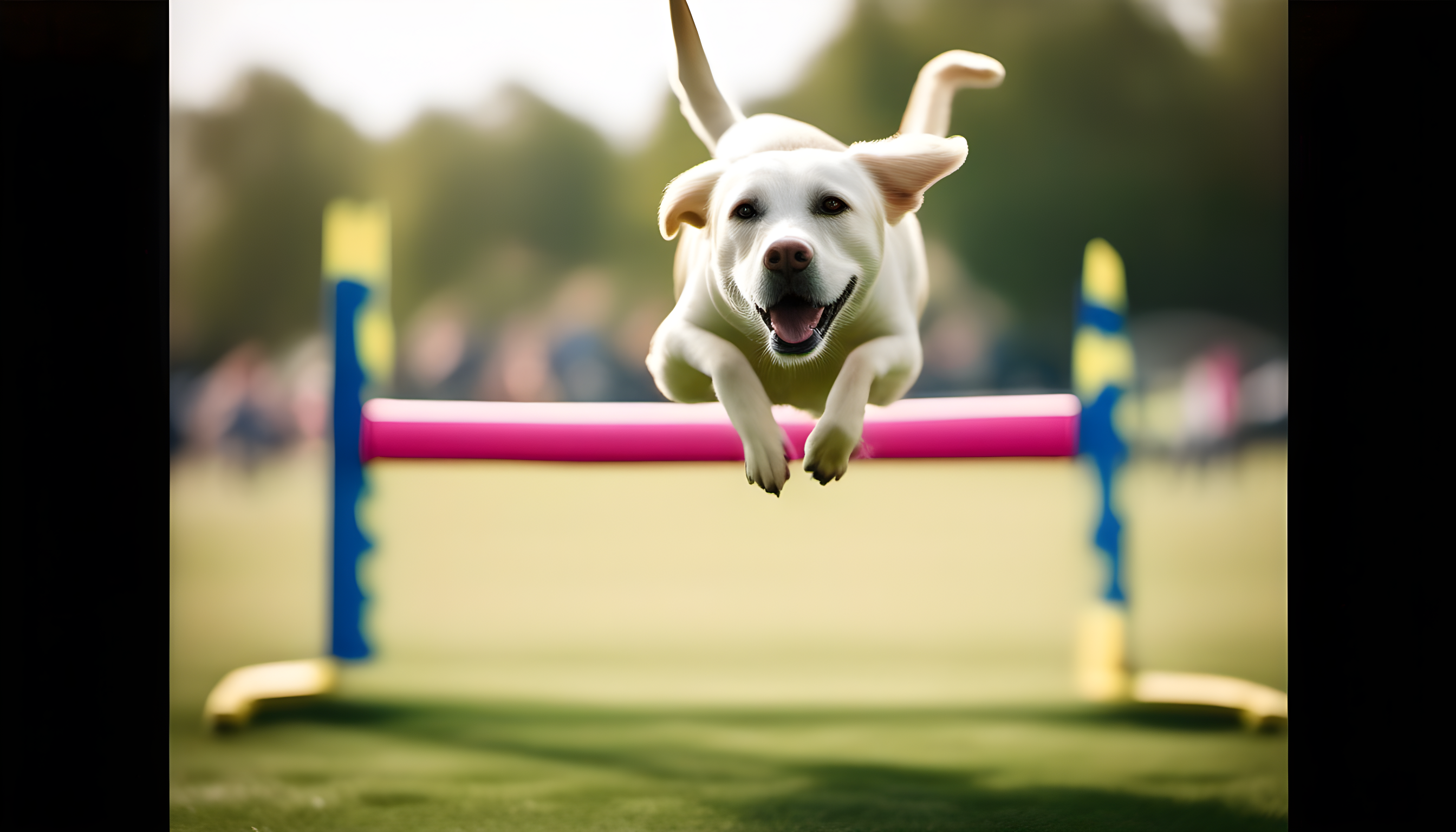 A Green Labrador doing an impressive high jump at a dog agility course.