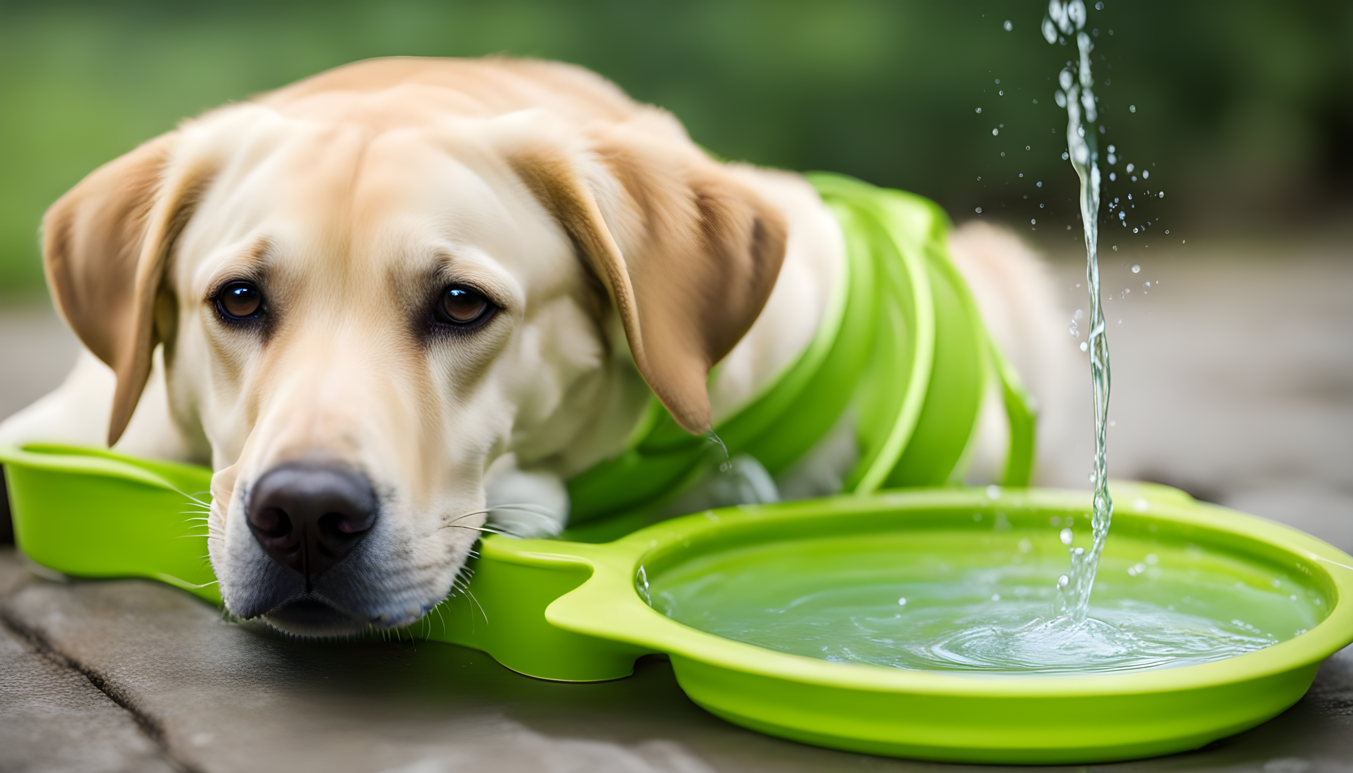 A Green Lab lapping up a bowl of water, tongue out and tail wagging, with a look that says, 'Ah, that hit the spot!'