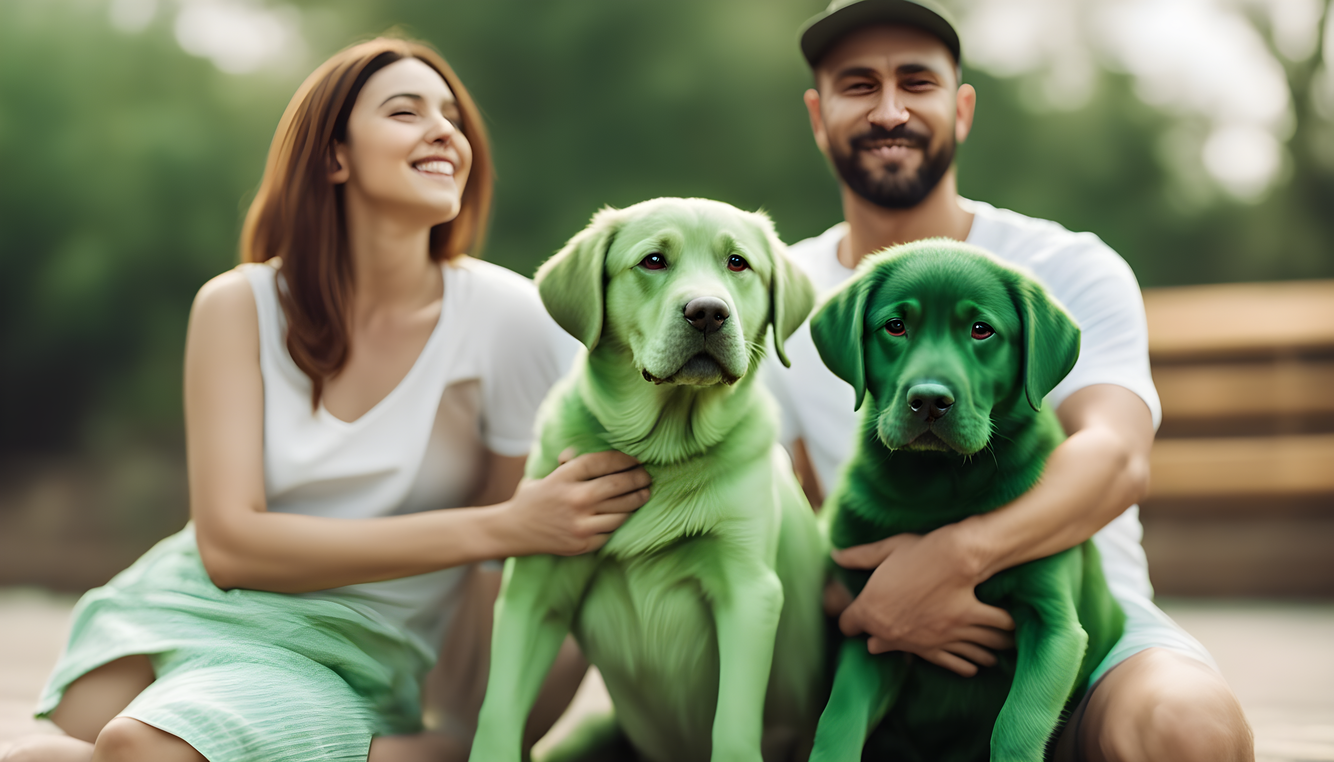 A Green Lab mom and dad posing with their adorable green fur baby, making your heart melt faster than ice cream on a hot day.