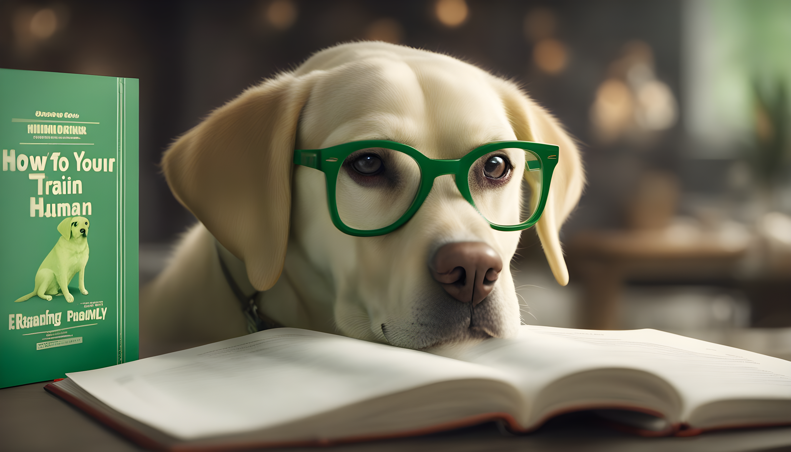 A Green Lab with oversized reading glasses, perusing a training manual titled 'How to Train Your Human.'