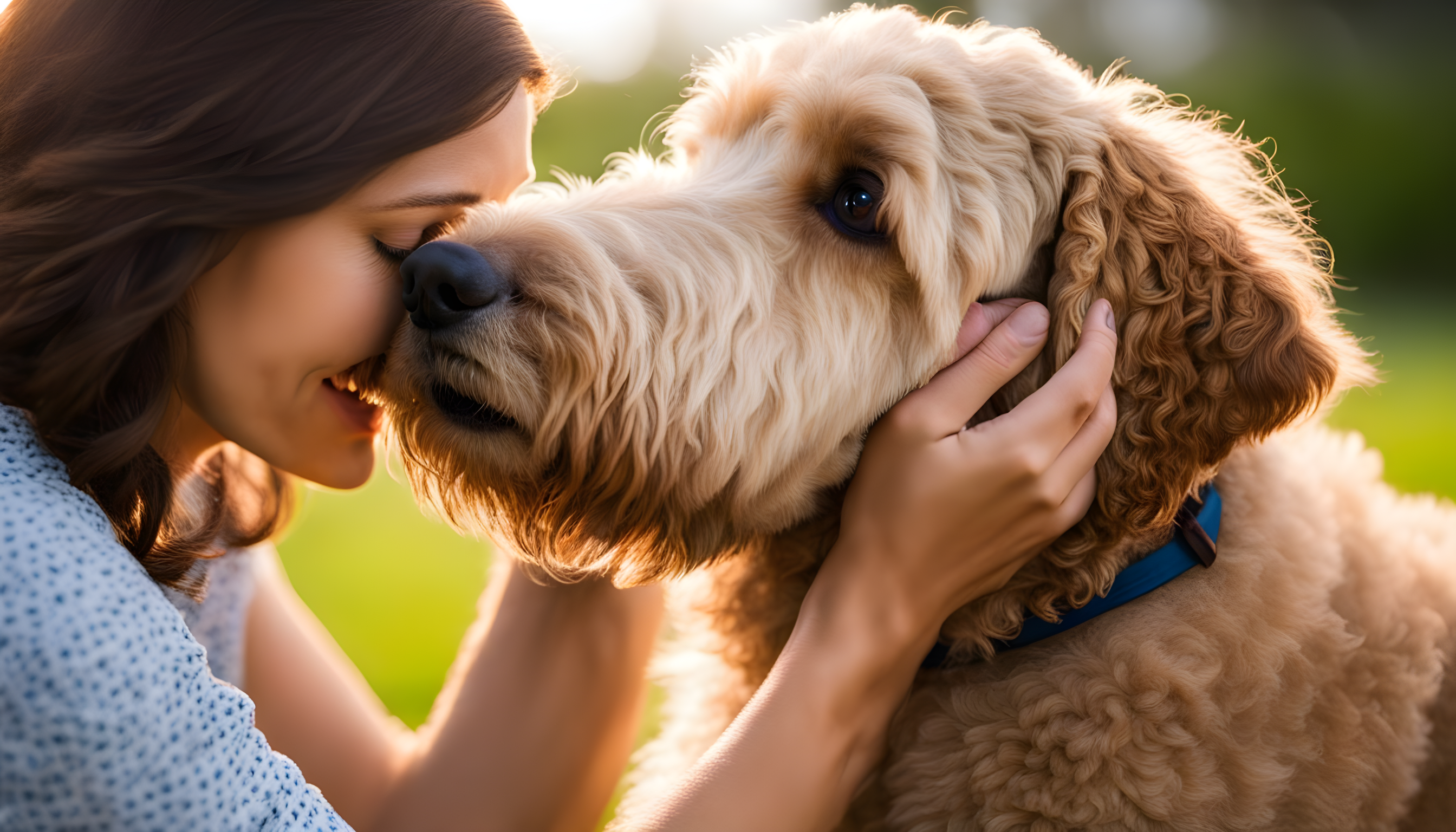 A Labradoodle and its owner sharing a heartfelt moment, eyes locked, paws and hands touching. The epitome of emotional bonding.