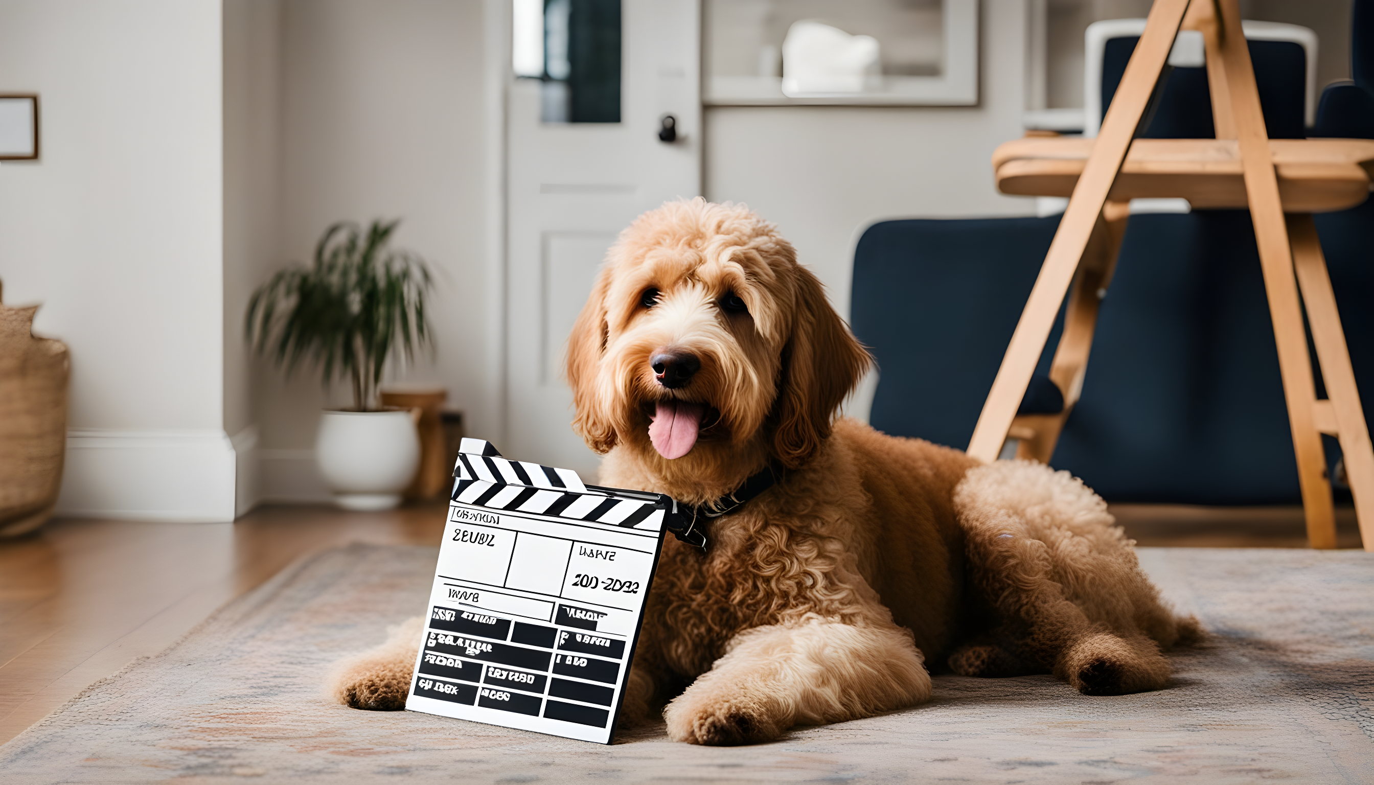 A Labradoodle and owner with a movie clapboard that says 'Doodle Life: Take 2023.'