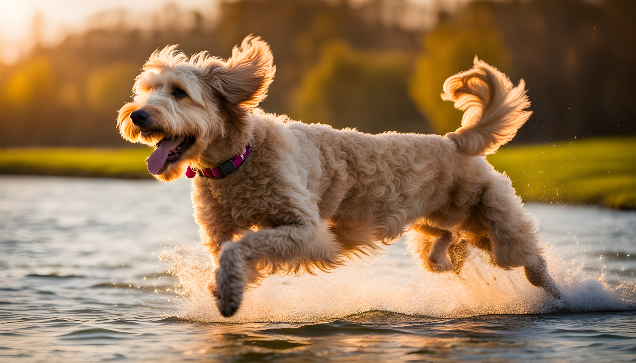 A Labradoodle captured in mid-jump, fetching a frisbee, embodying pure joy and boundless energy.