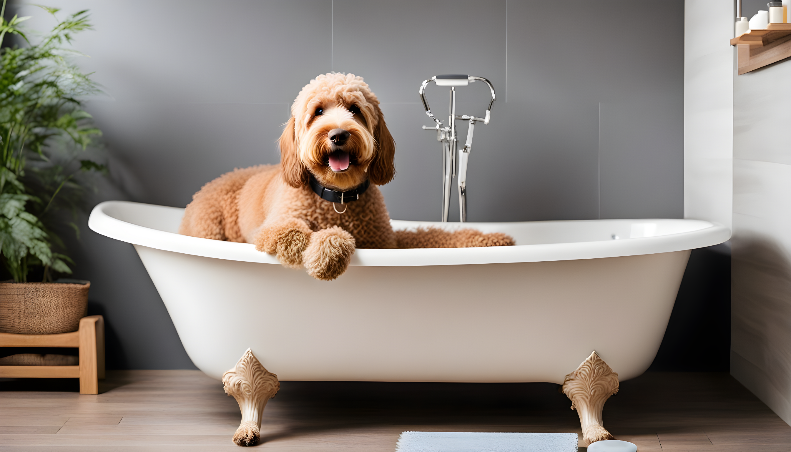 A Labradoodle enjoying a luxurious bath complete with dog-friendly shampoo and a scrubbing brush