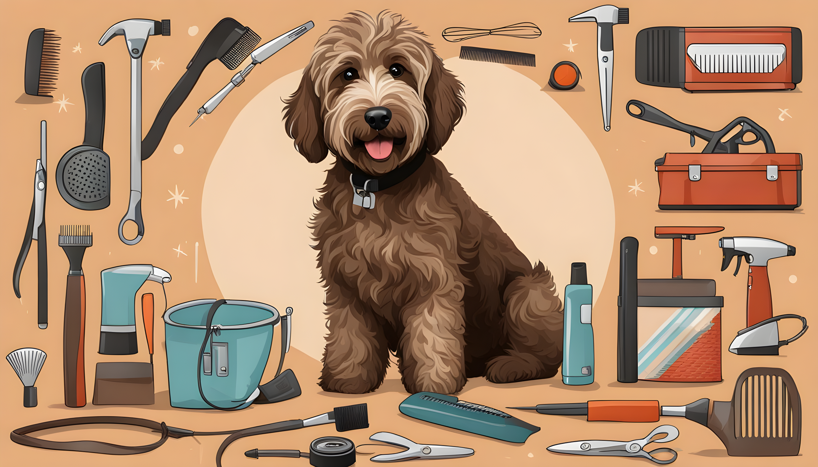A Labradoodle looking a bit disheveled, surrounded by grooming tools and a 'hypoallergenic?' sign.