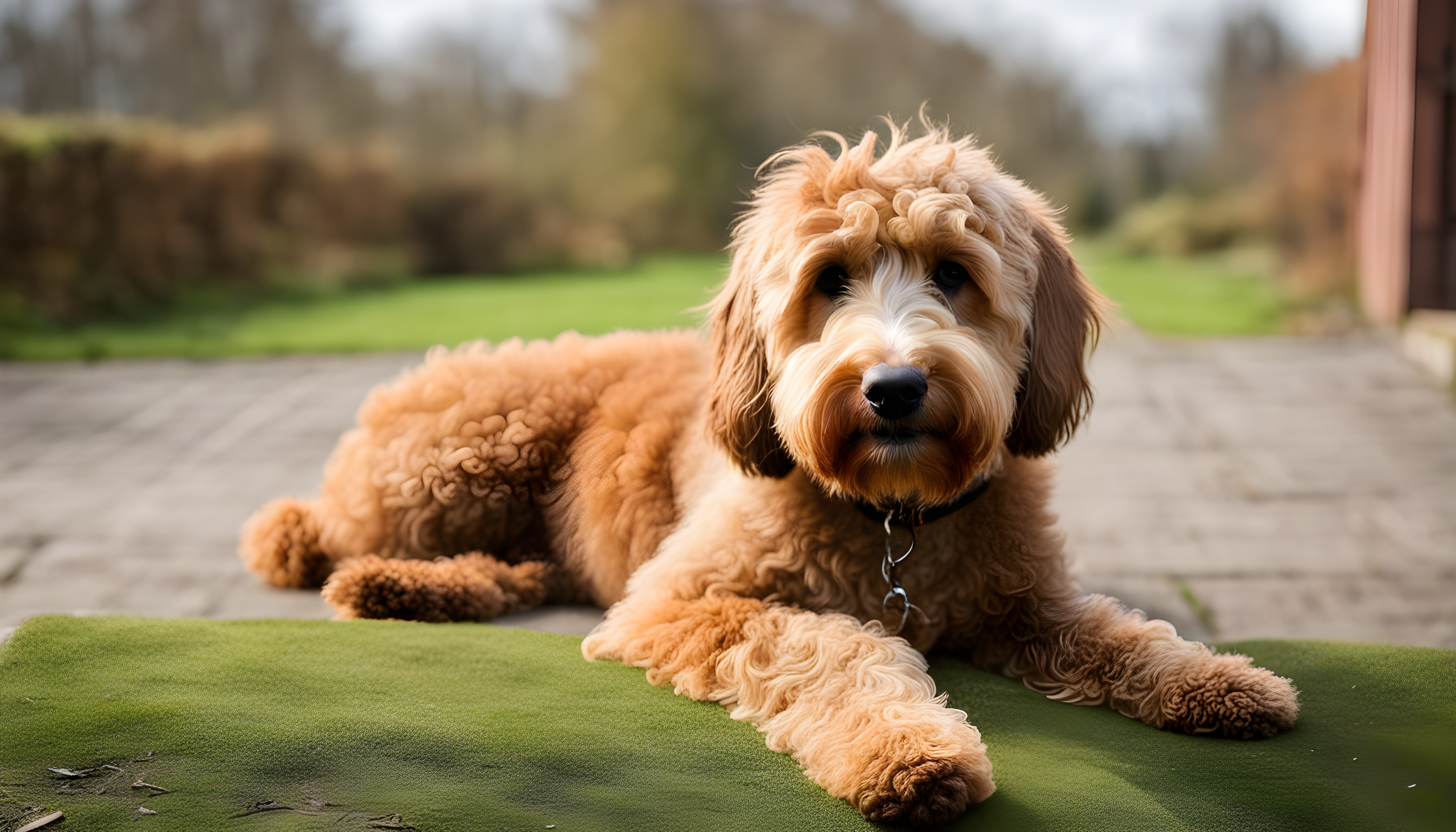 A Labradoodle looking a bit scruffy, clearly in need of some grooming, next to a pile of shed fur.