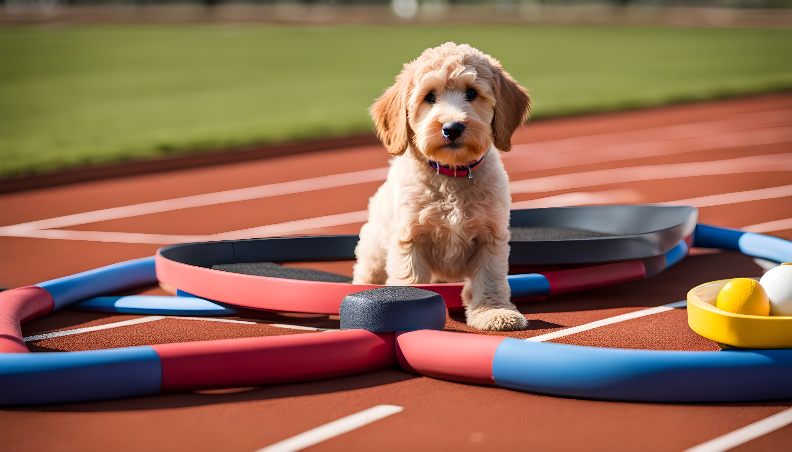A Labradoodle pup standing next to a DNA helix, a food bowl, and a running track.