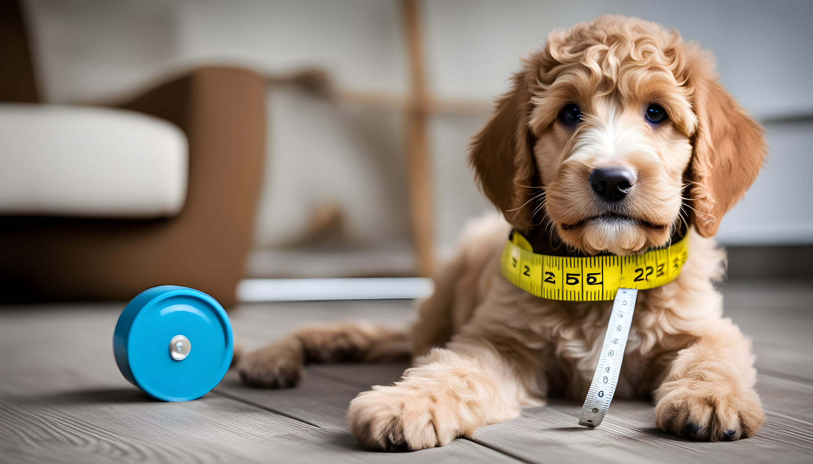 Labradoodle (Poodle Lab Mix) puppy looking puzzled next to a tape measure.