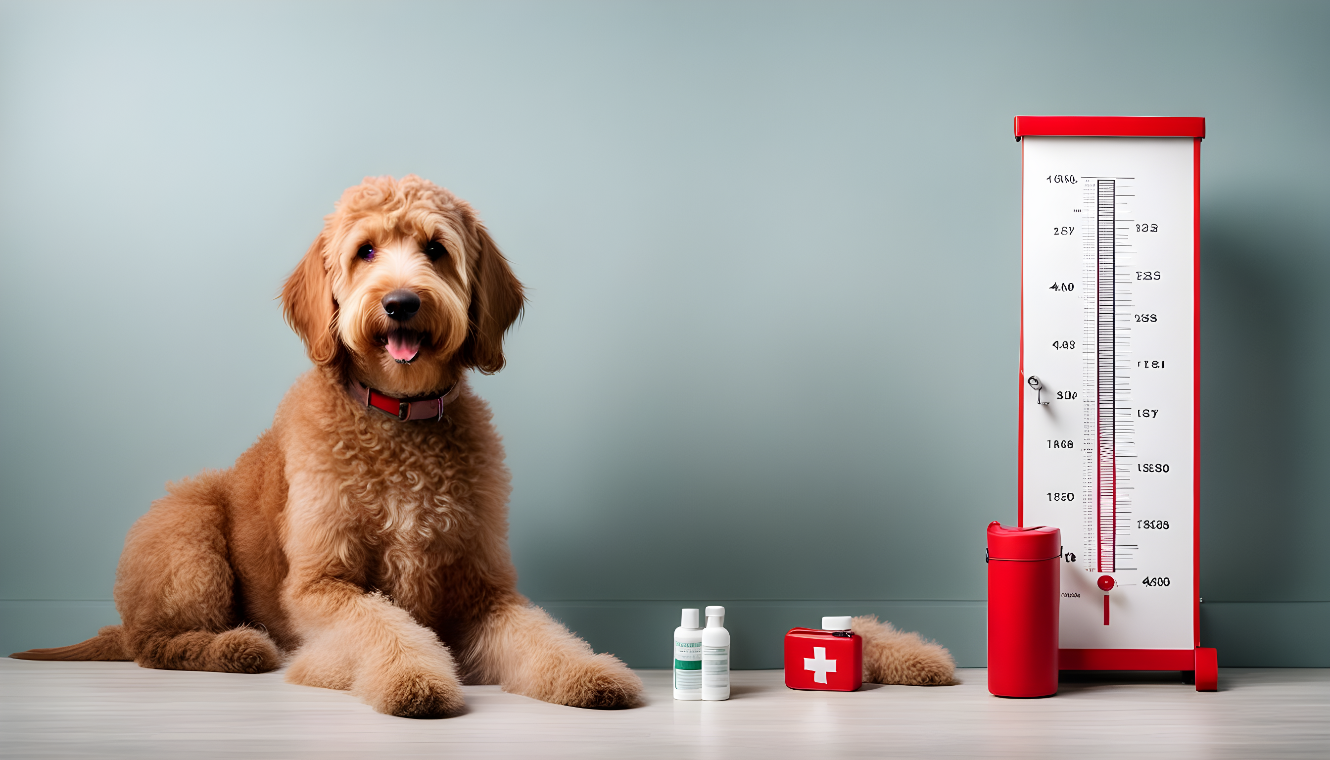 A Labradoodle sitting next to a growth chart on one side and a first aid kit on the other, emphasizing the balance between growth and health.