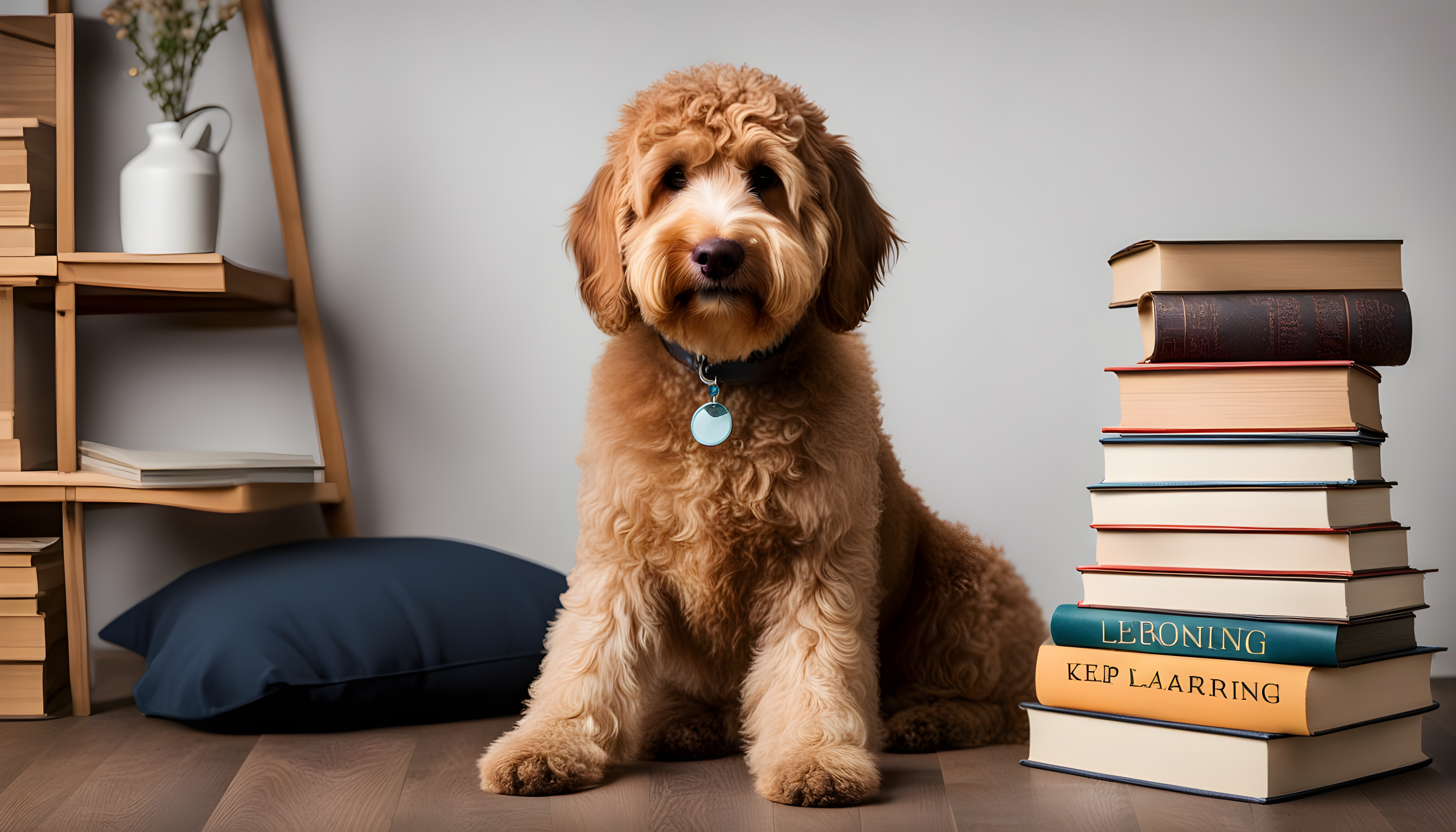 A Labradoodle sitting next to a stack of books and a sign that says 'Keep Learning,' encouraging continual education for Labradoodle owners.