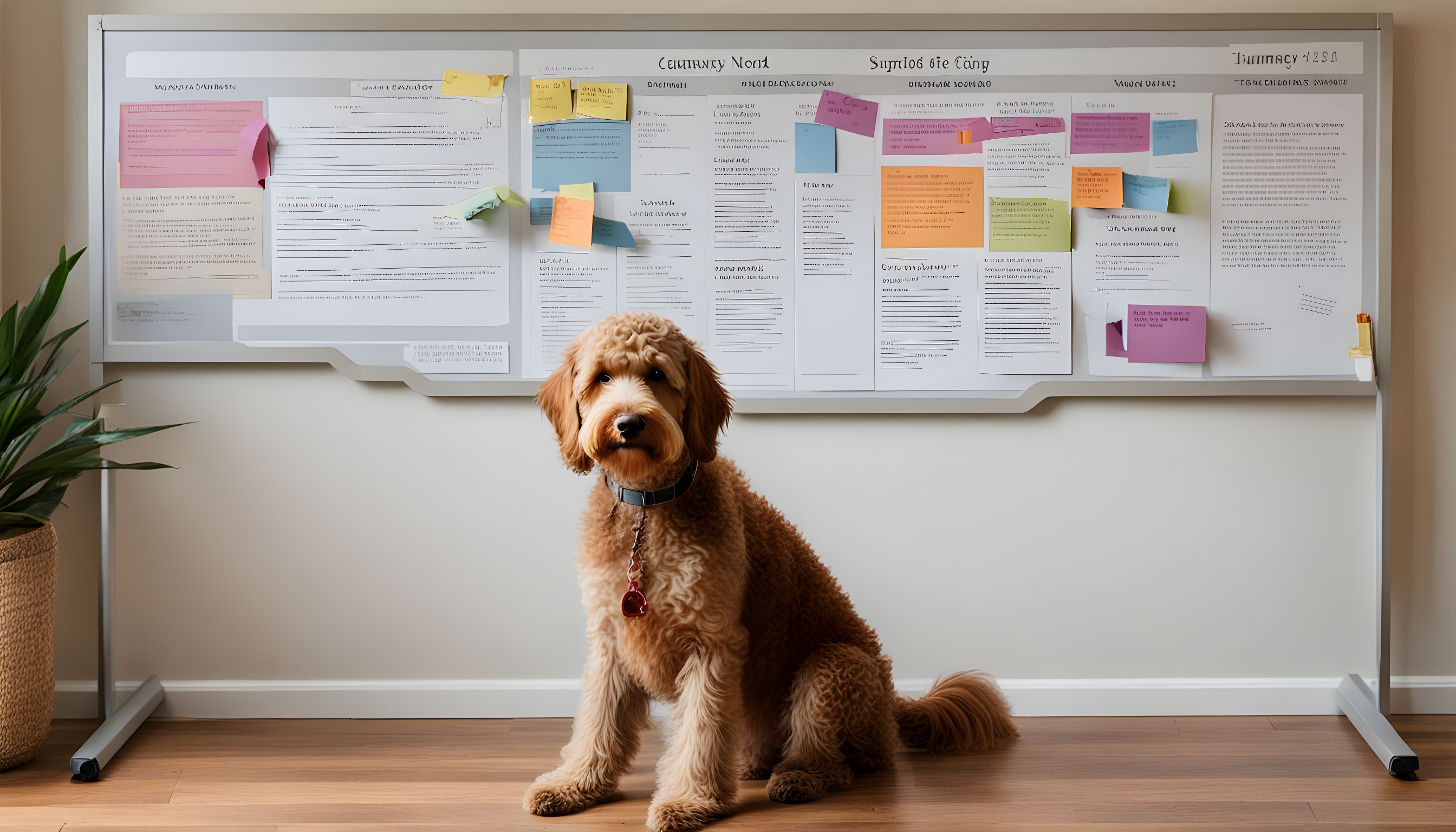 A Labradoodle sitting next to a summary board that highlights the article's key points, offering a quick recap of everything discussed.