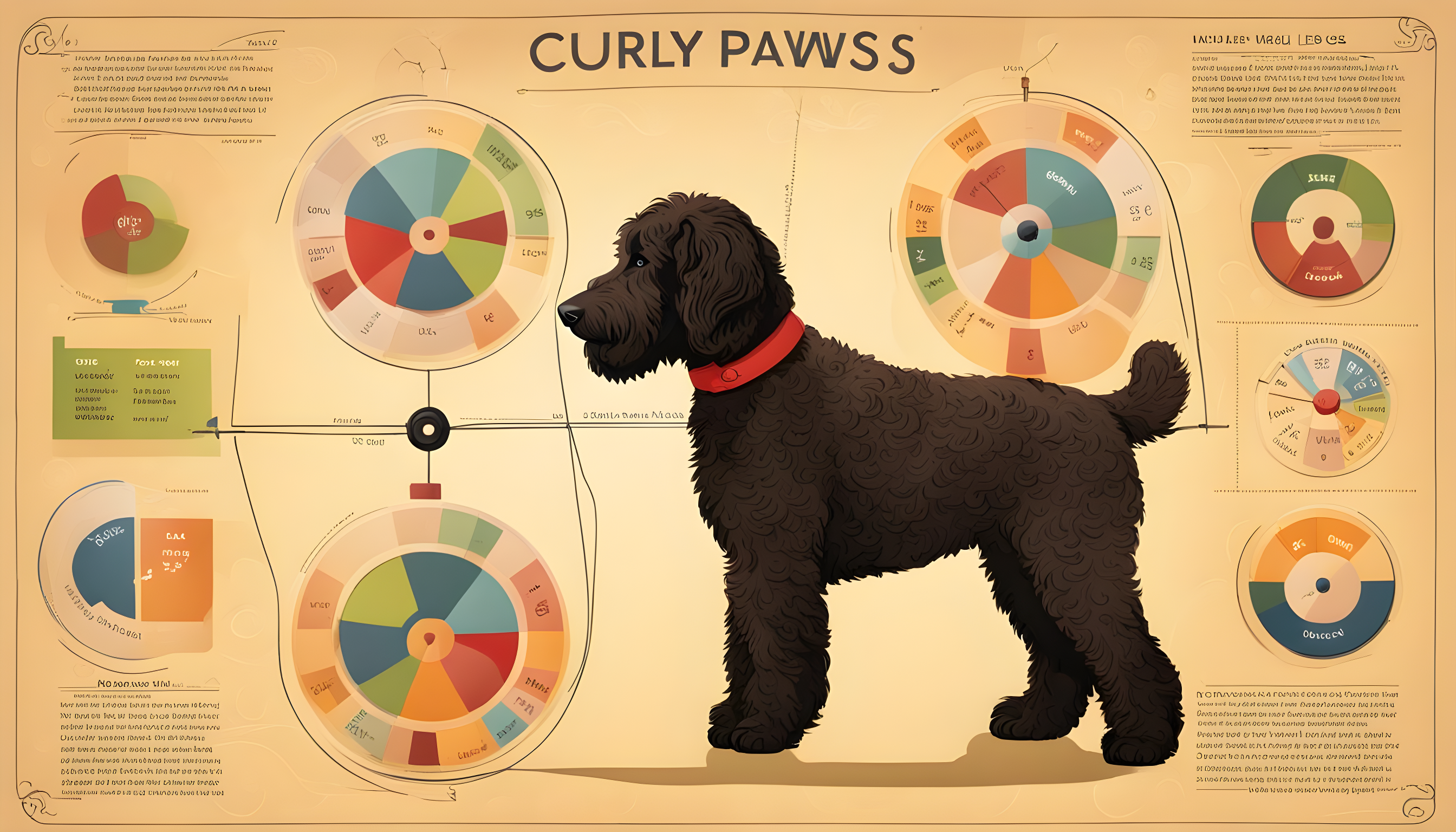 A Labradoodle spinning a wheel labeled with various traits like 'Curly Fur,' 'Big Paws,' and 'Long Legs.'