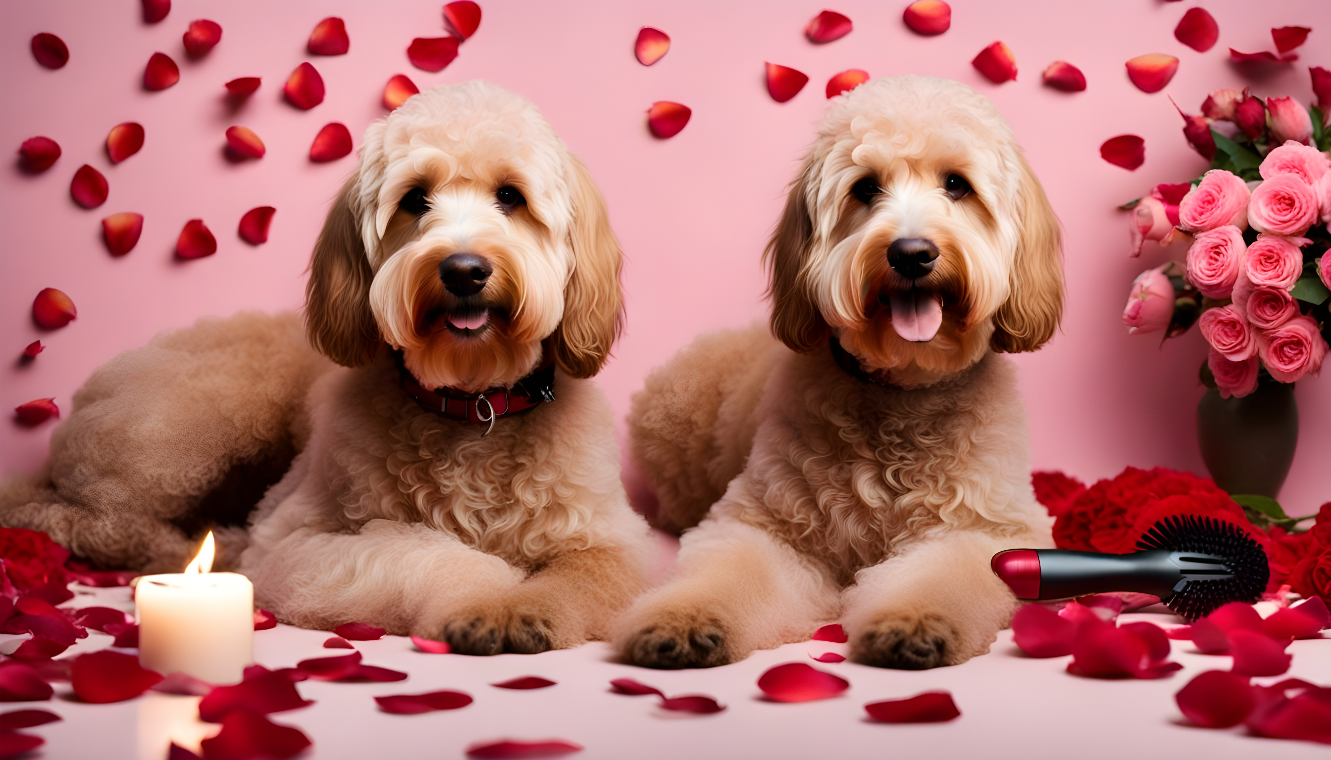 A Labradoodle surrounded by rose petals, spa candles, and a grooming brush.