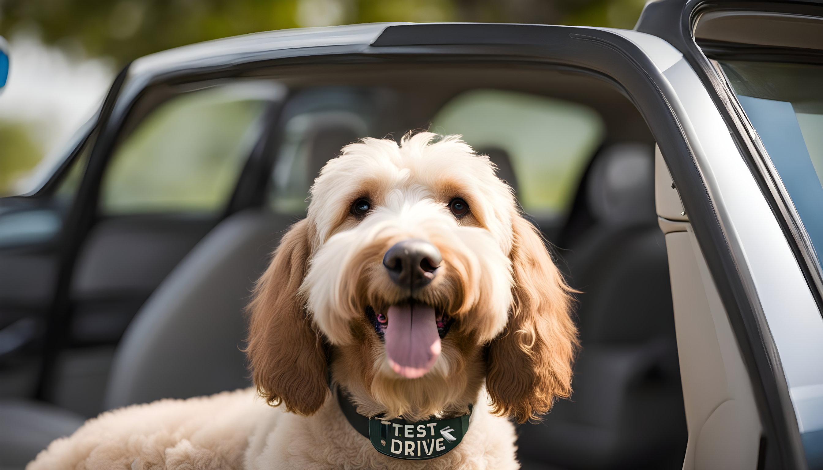A Labradoodle wearing a 'Test Drive Available' license plate around its neck.