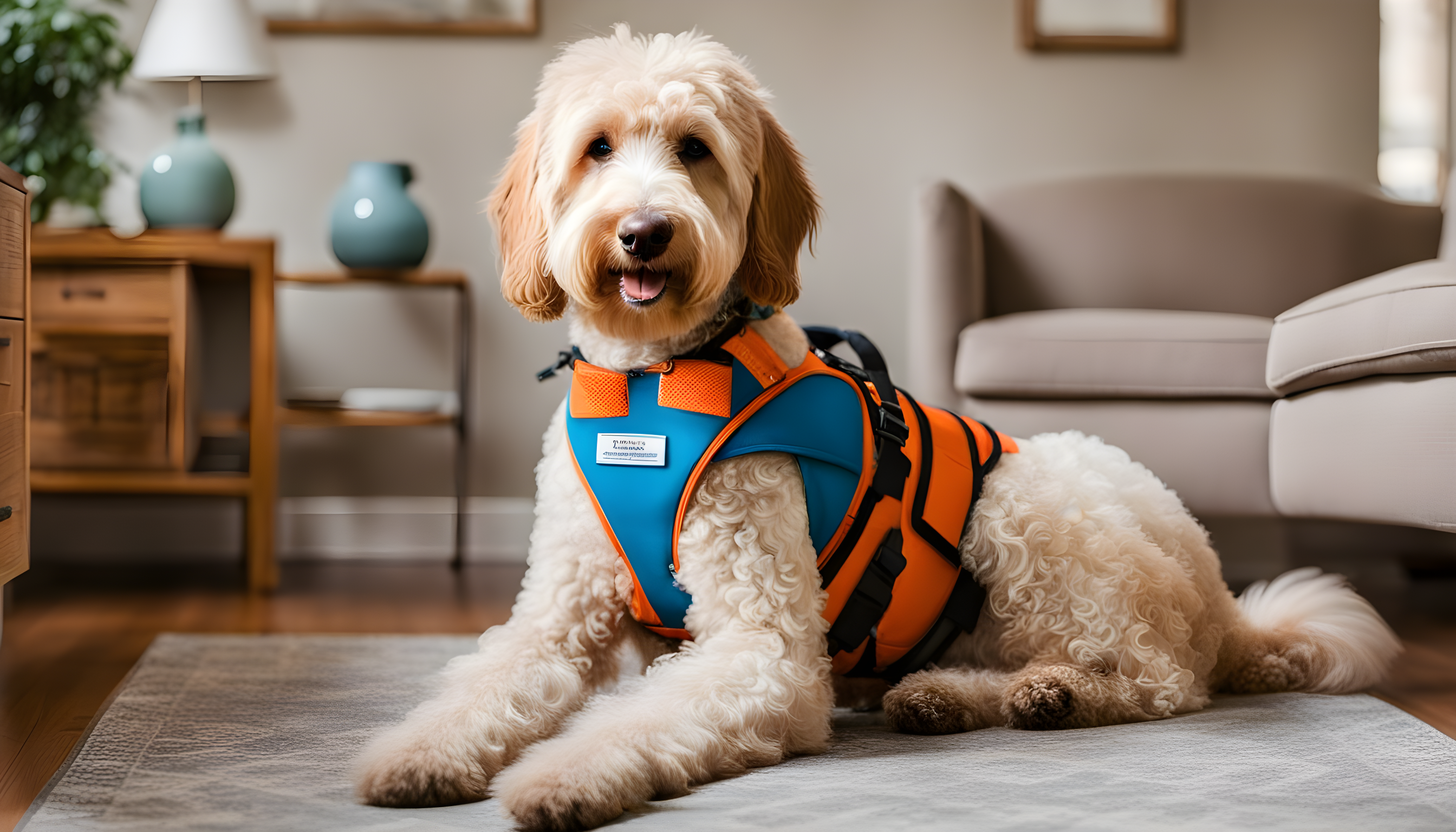 A Labradoodle wearing a service dog vest, sitting obediently next to a variety of allergy-friendly household items