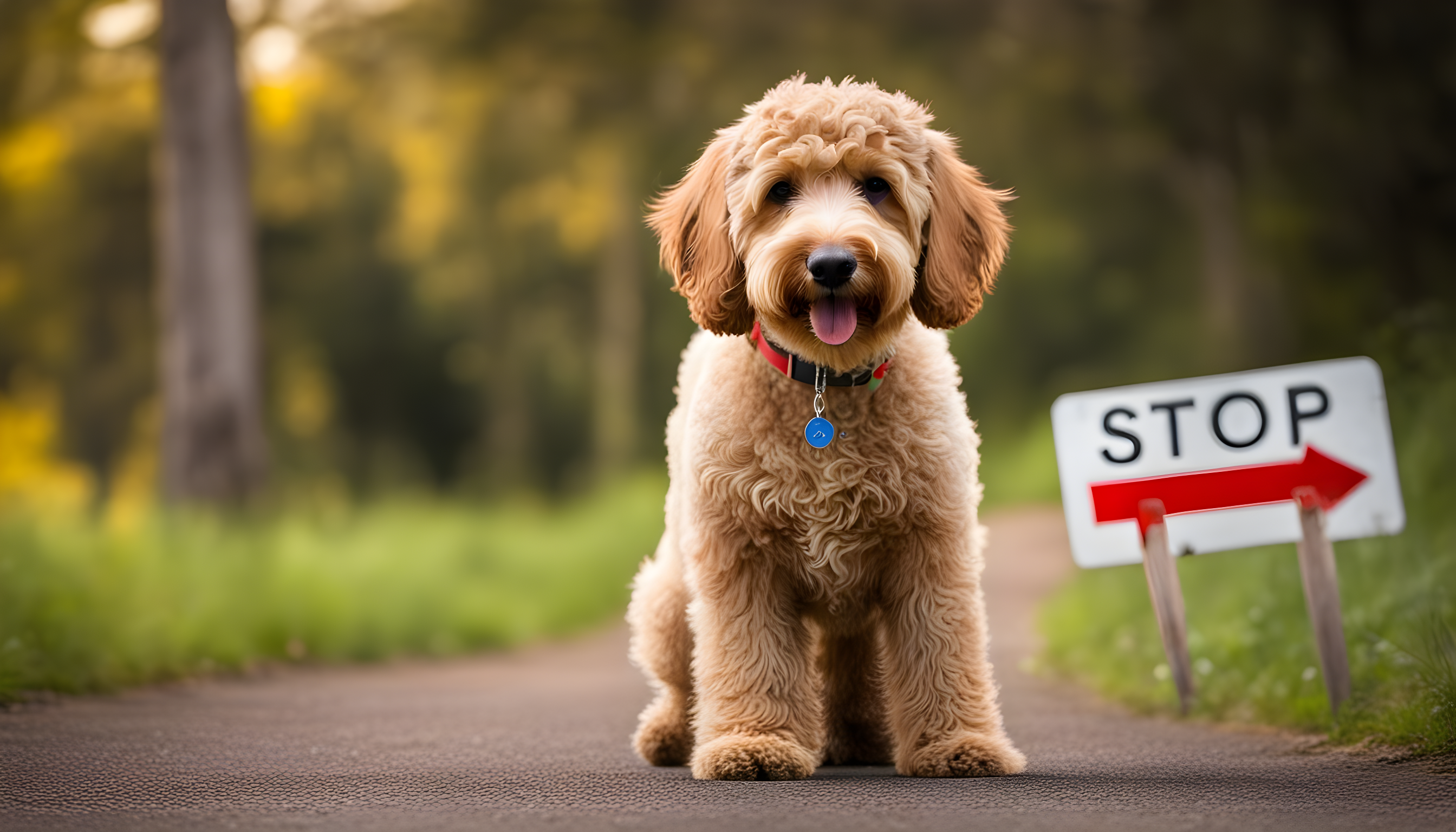 A Labradoodle with a 'STOP' road sign indicating the end of its growth phase.