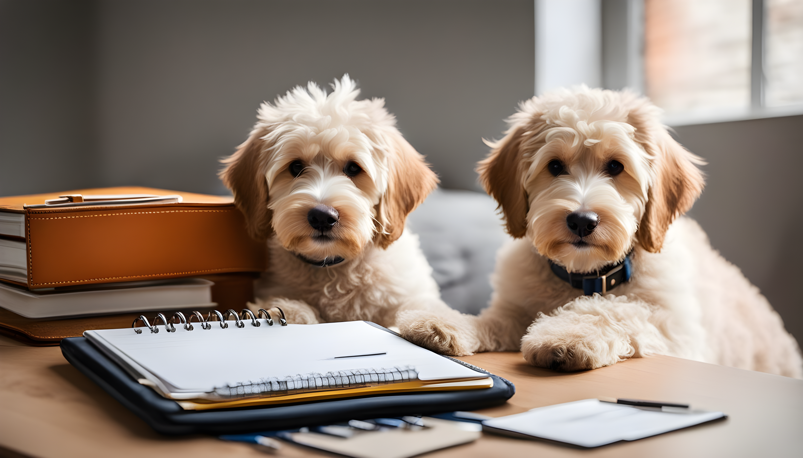 A Labradoodle with a day planner showing a busy schedule and a question mark.