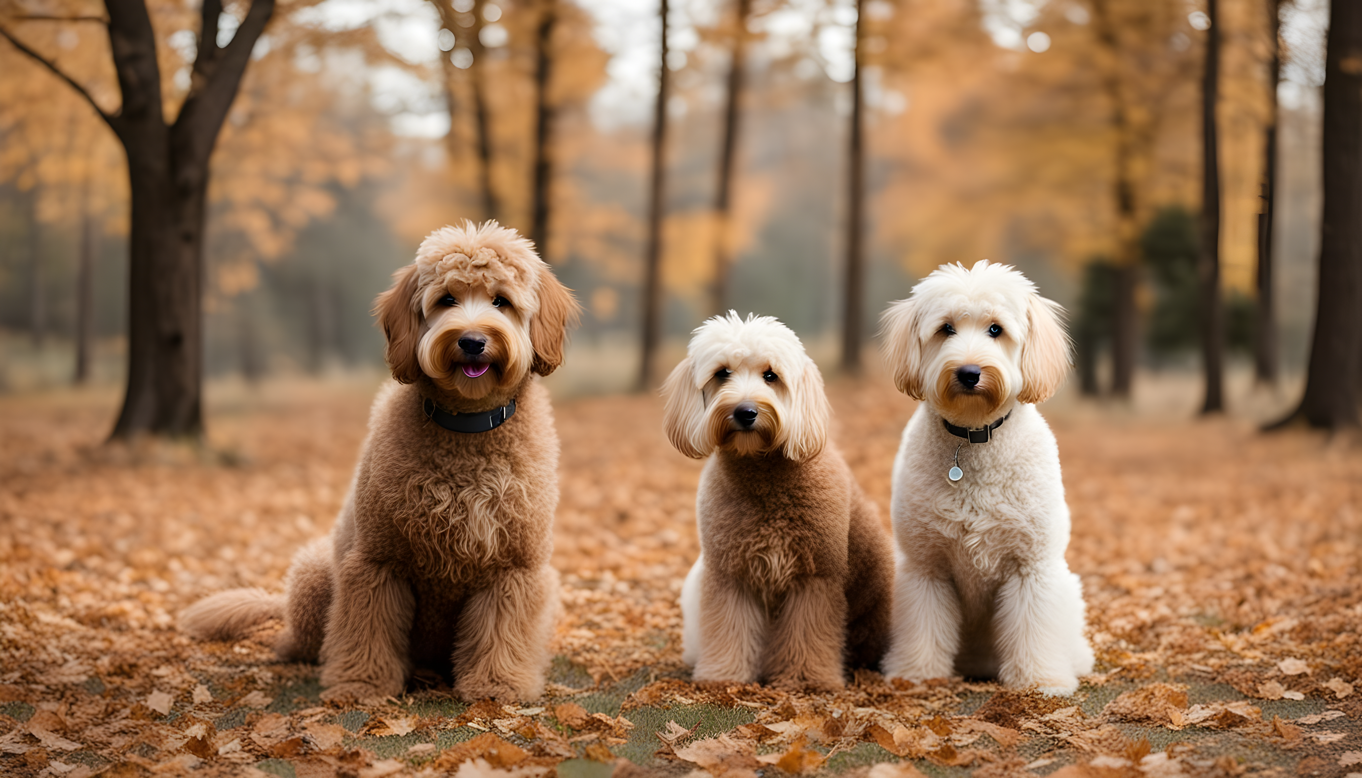 A Labradoodle with a wool coat and another with a hair coat standing side by side, as if posing for a 'Who's more hypoallergenic?' contest