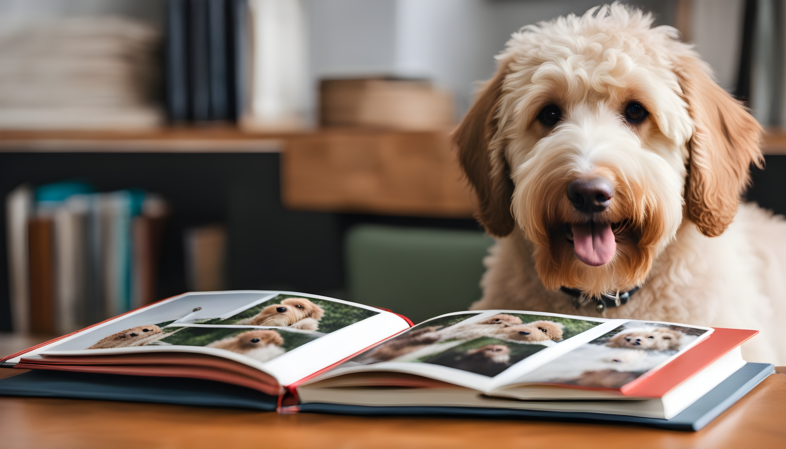 A Labradoodle with a yearbook-style photo album, showcasing them at different ages.