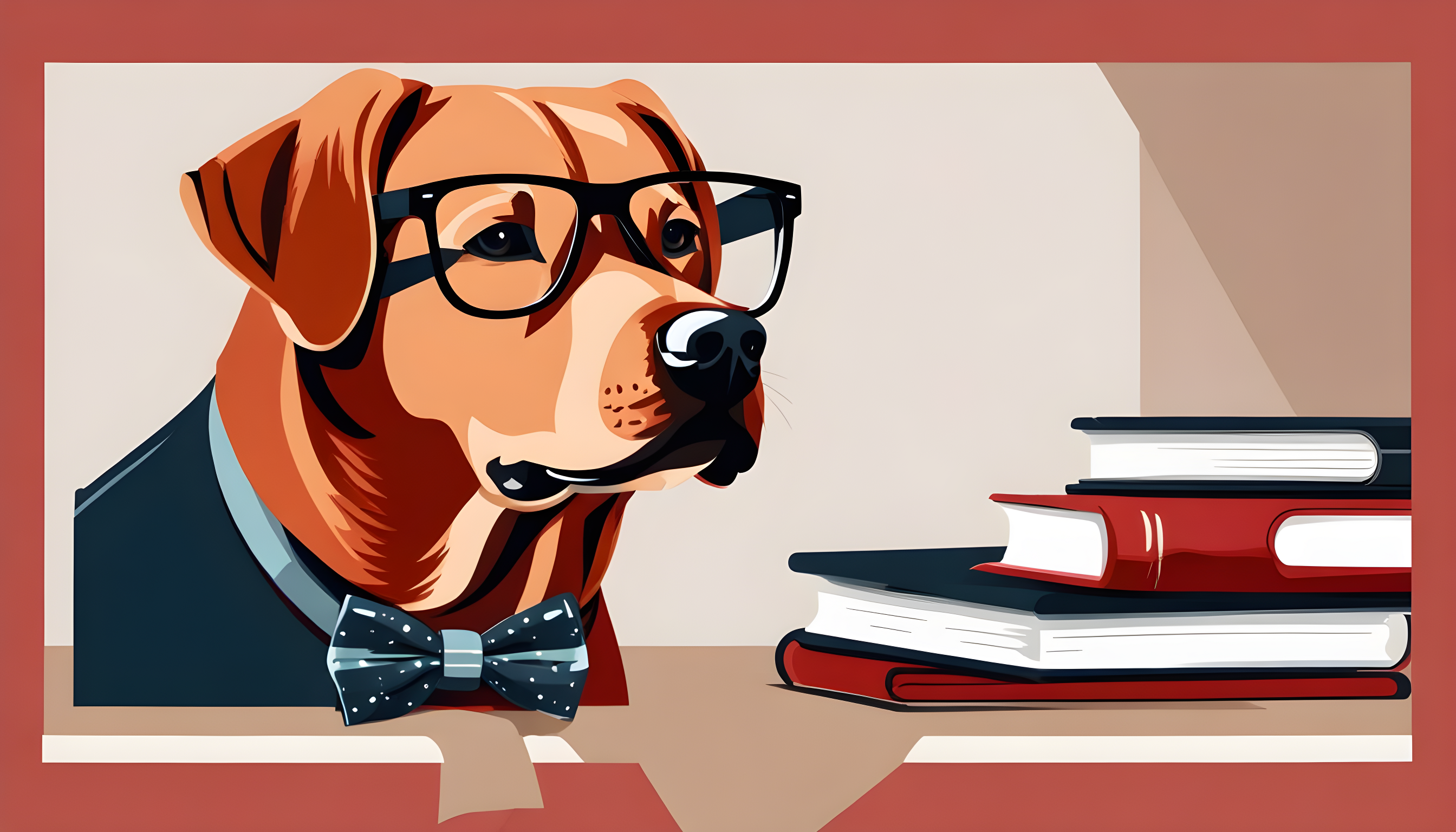 A Red Labrador in nerdy glasses and a bowtie, all set to drop some serious knowledge bombs on your FAQs about Red Labradors.