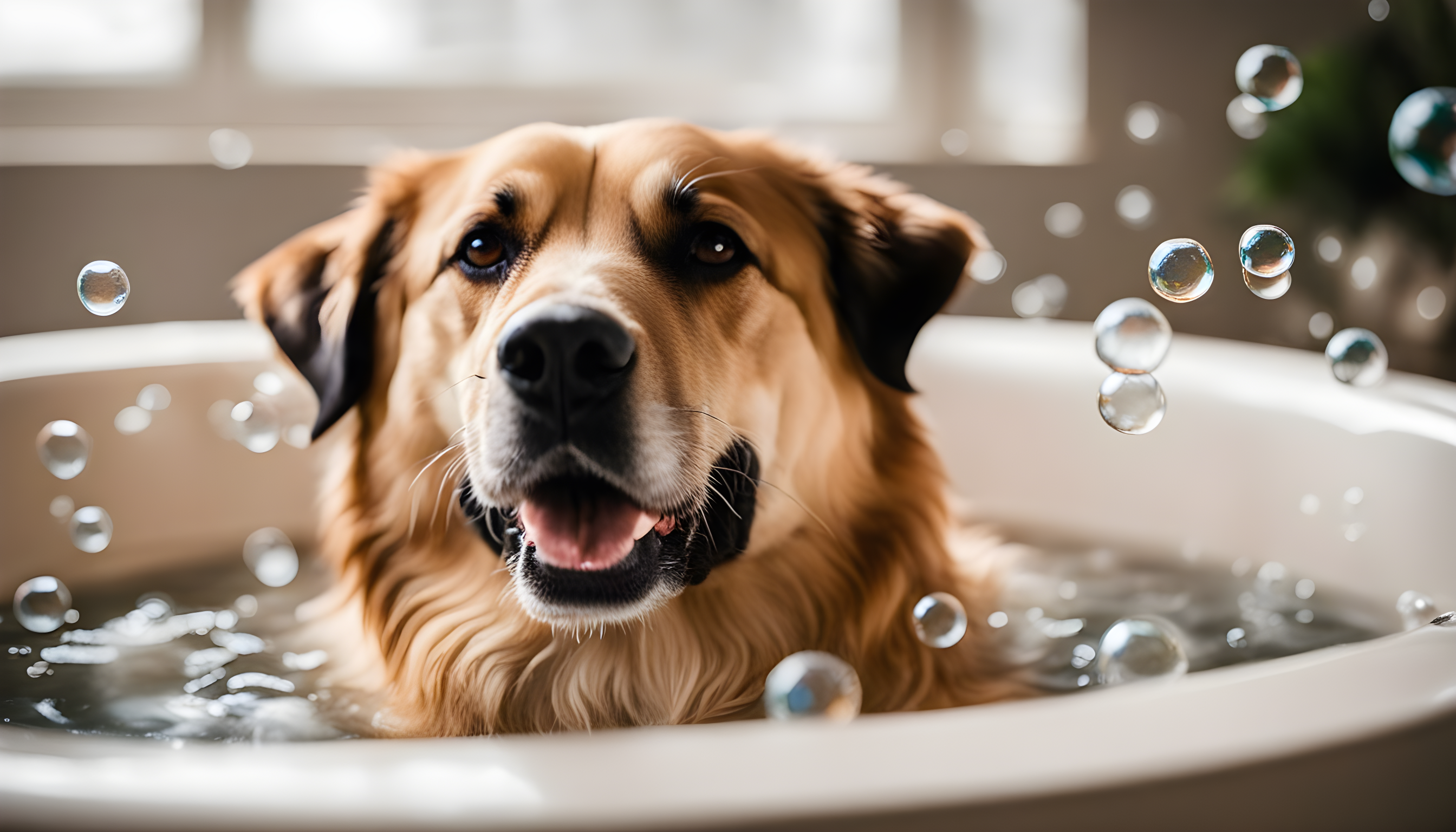 A Sheprador soaking in a tub, surrounded by bubbles, living its best life.