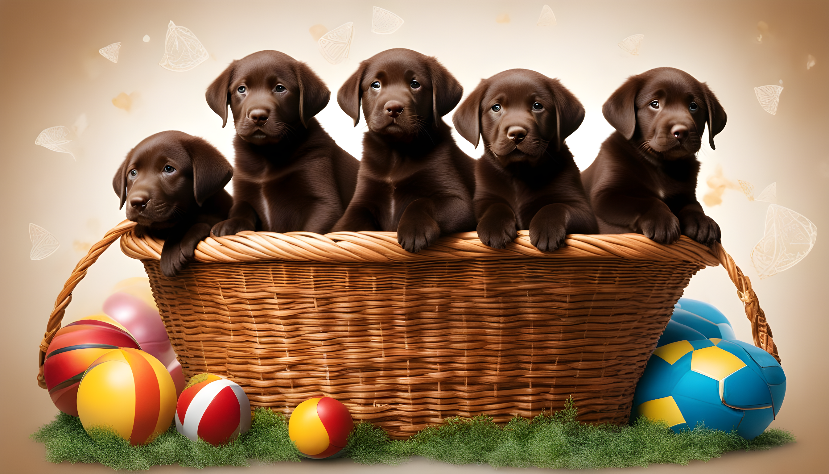 A basket full of English Chocolate Lab puppies with a DNA double helix graphic floating in the background