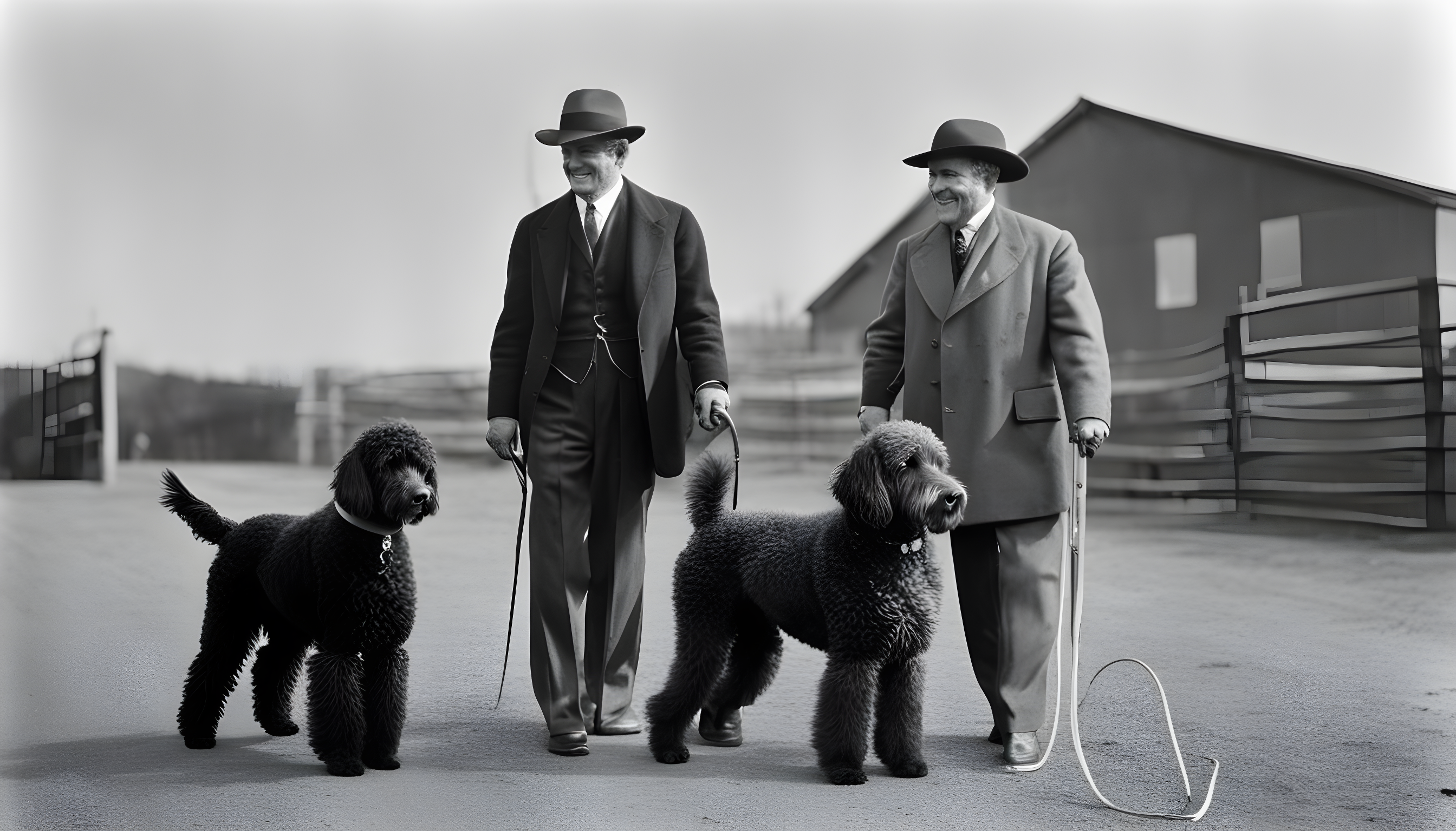 A black and white photo showcasing the first-ever Labradoodle alongside its breeder