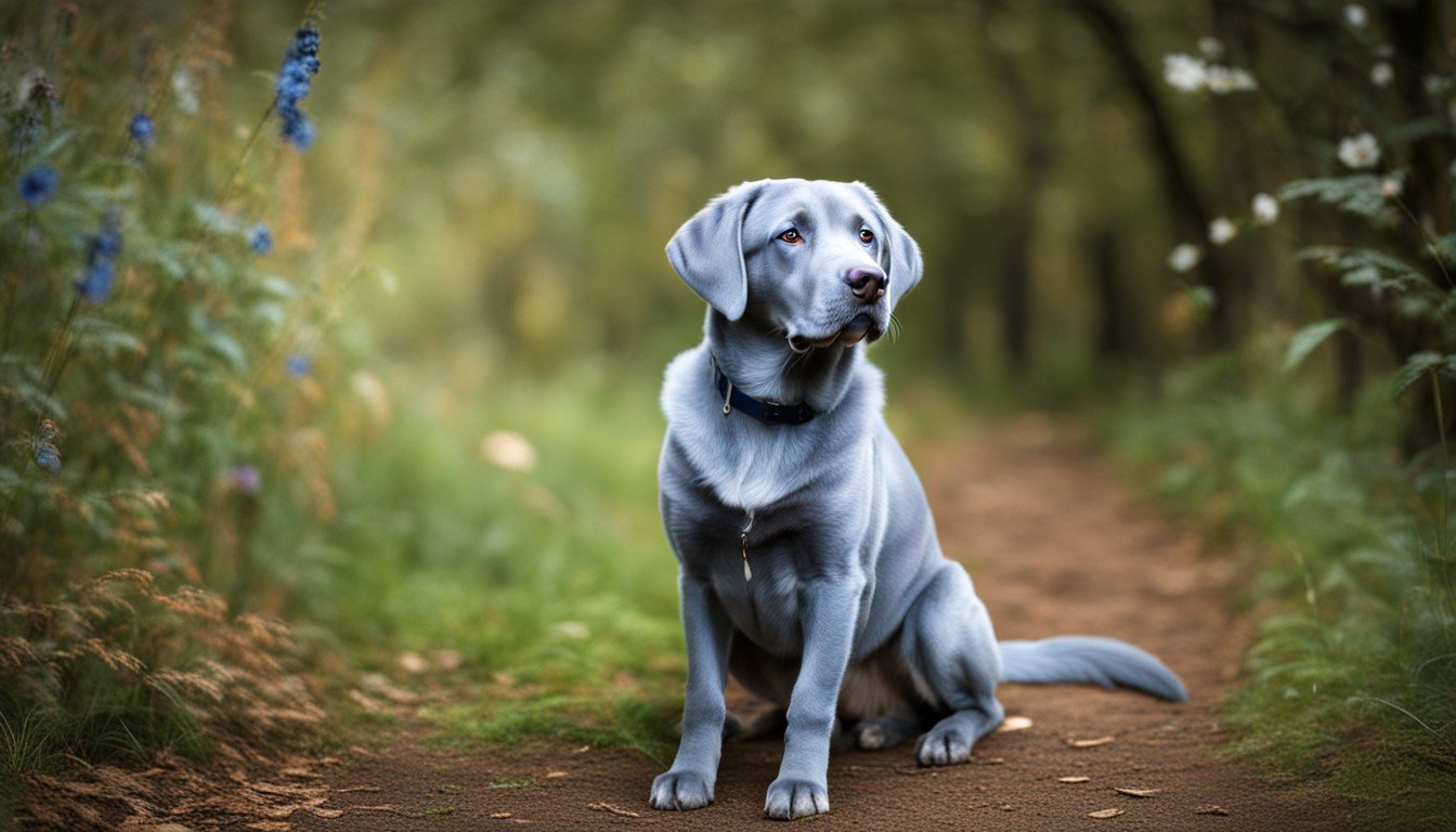A blue Labrador with blue eyes, looking like something out of a fairy tale.