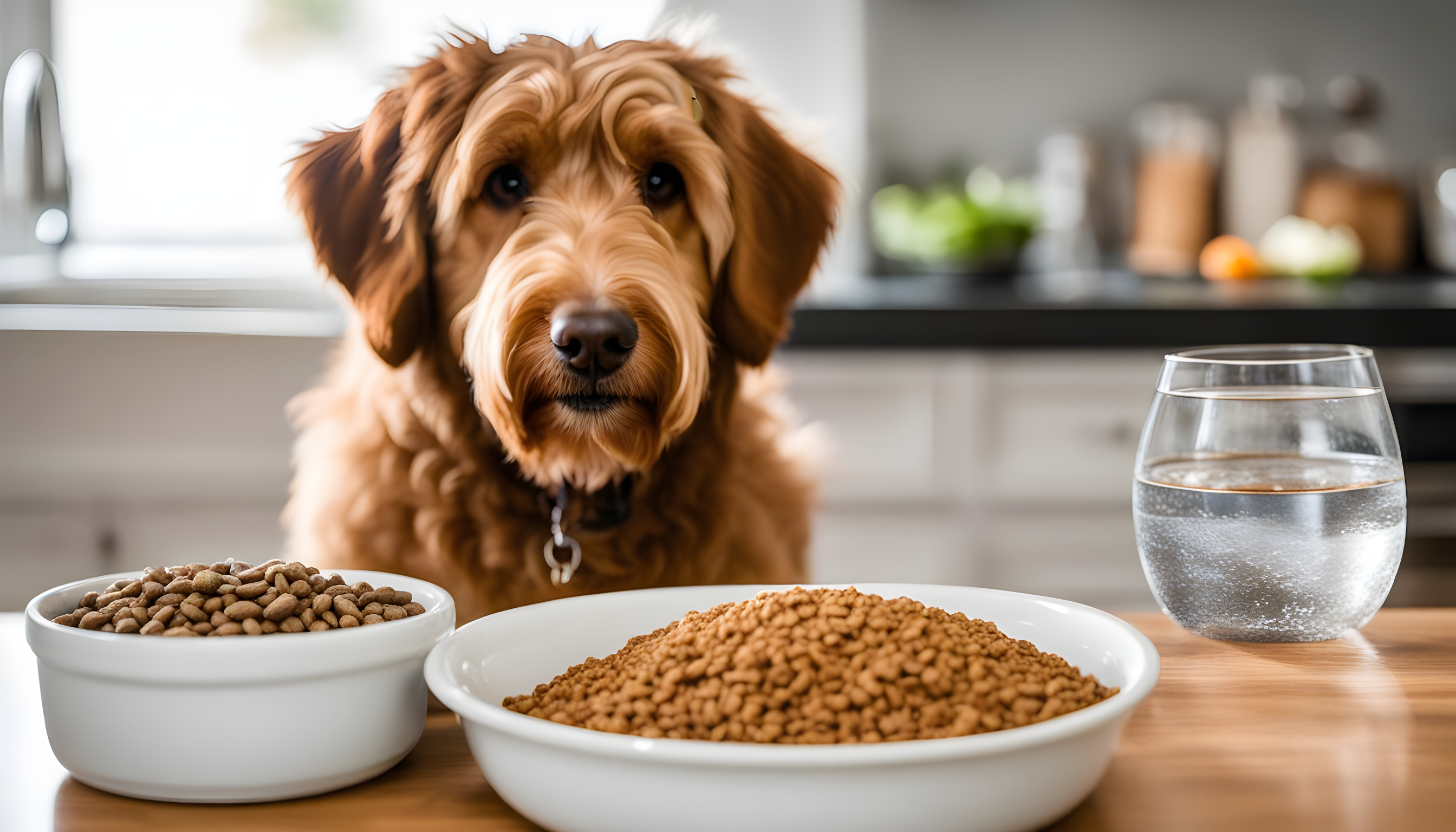 A bowl of high-quality dog food placed next to a bowl of fresh water, with a Labradoodle eagerly waiting to dig in.